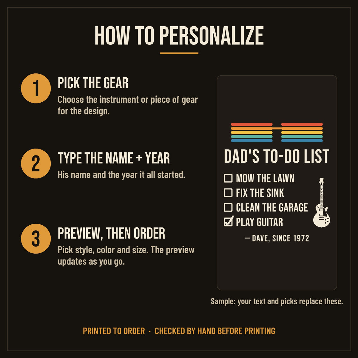 Dad's To-Do List Personalized Shirt, Play Guitar Checked - how to personalize in 3 steps