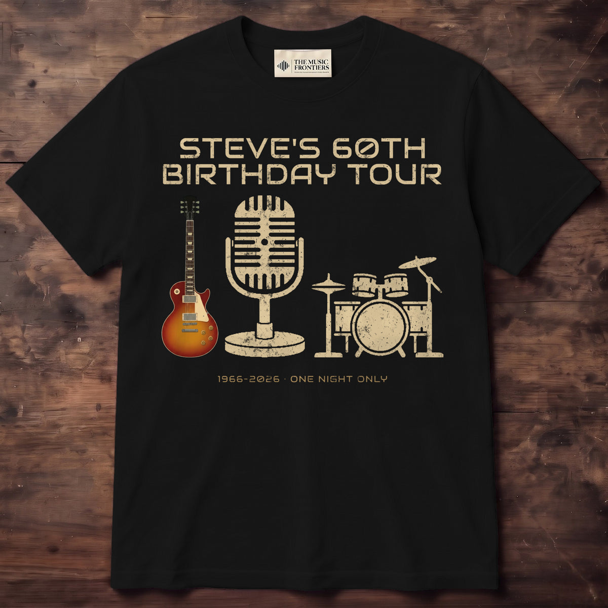 Black t-shirt with the personalized Birthday Tour with Age and Instruments design