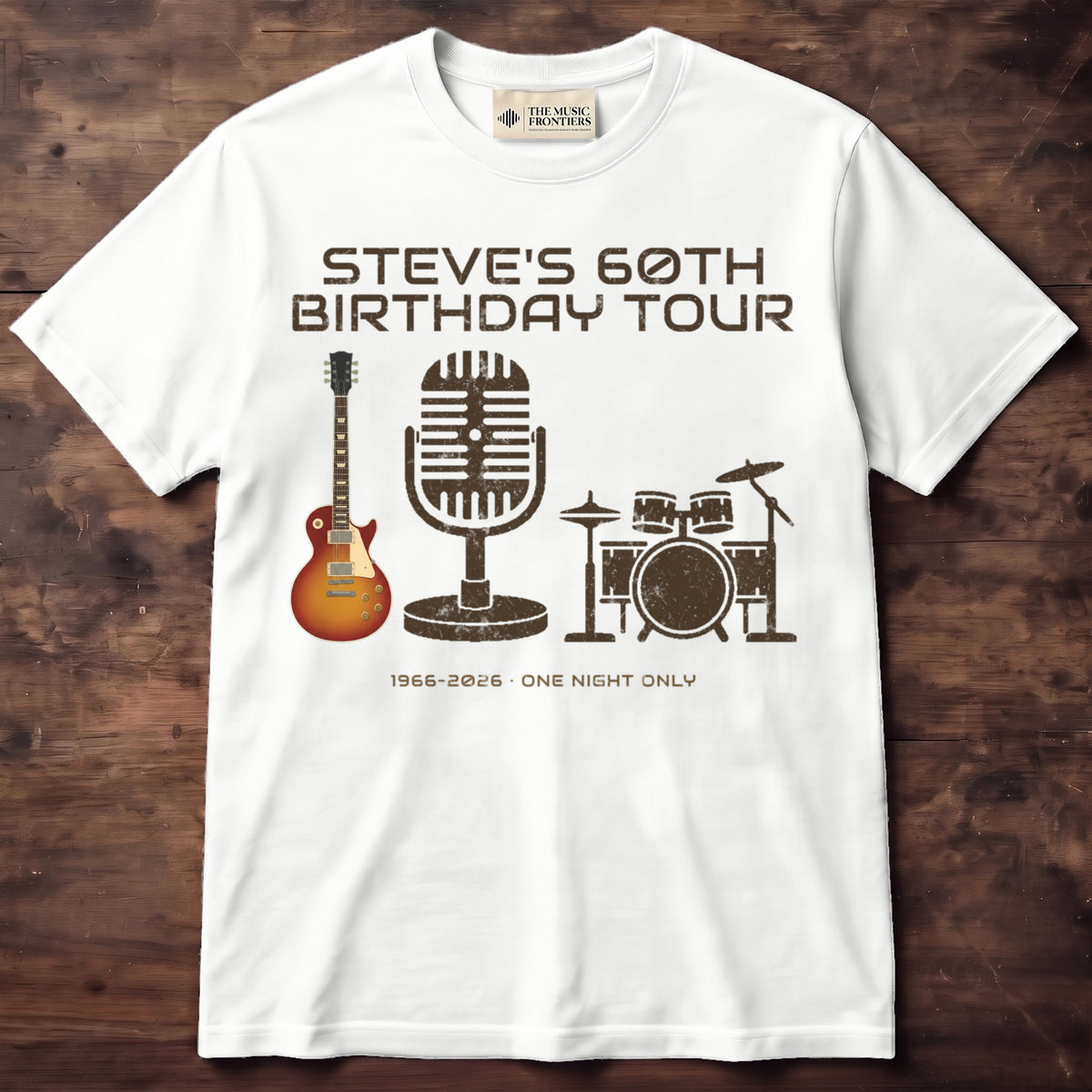 White t-shirt with the personalized Birthday Tour with Age and Instruments design