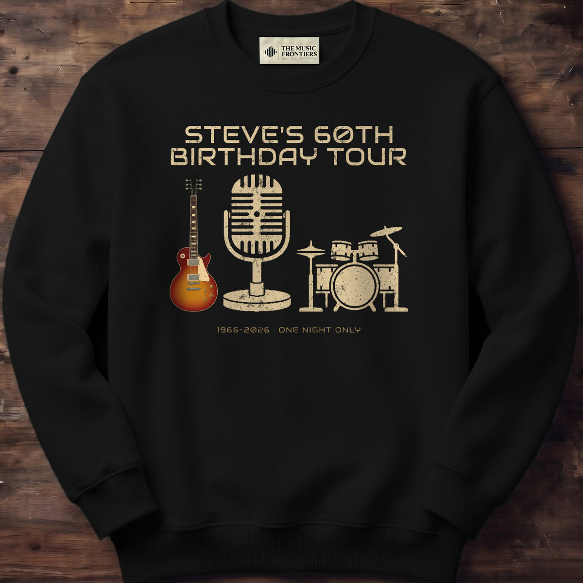 Black sweatshirt with the personalized Birthday Tour with Age and Instruments design
