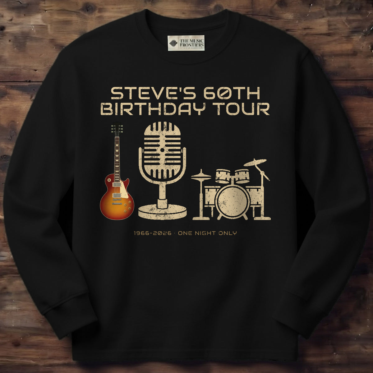 Black long sleeve shirt with the personalized Birthday Tour with Age and Instruments design