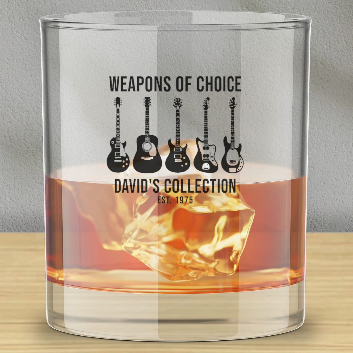 Custom Whiskey Glass – Printed or Engraved - Whiskey glass with whiskey with a personalized music design