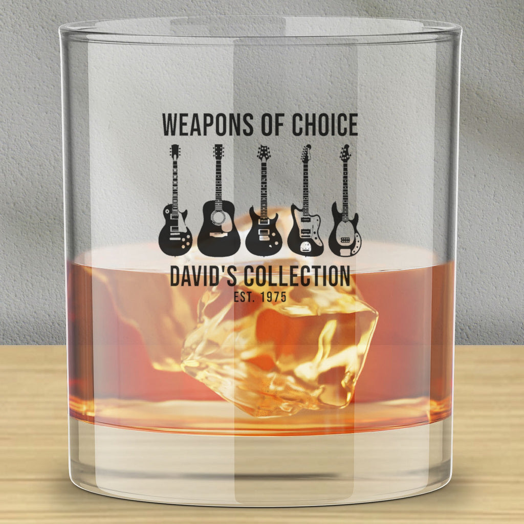 Custom Whiskey Glass – Printed or Engraved - Whiskey glass on a bar with a personalized music design
