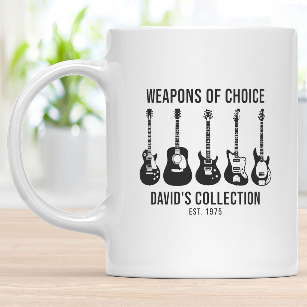 Custom Music Mug – Same Design as Your Shirt - White mug on a wood table with a personalized music design