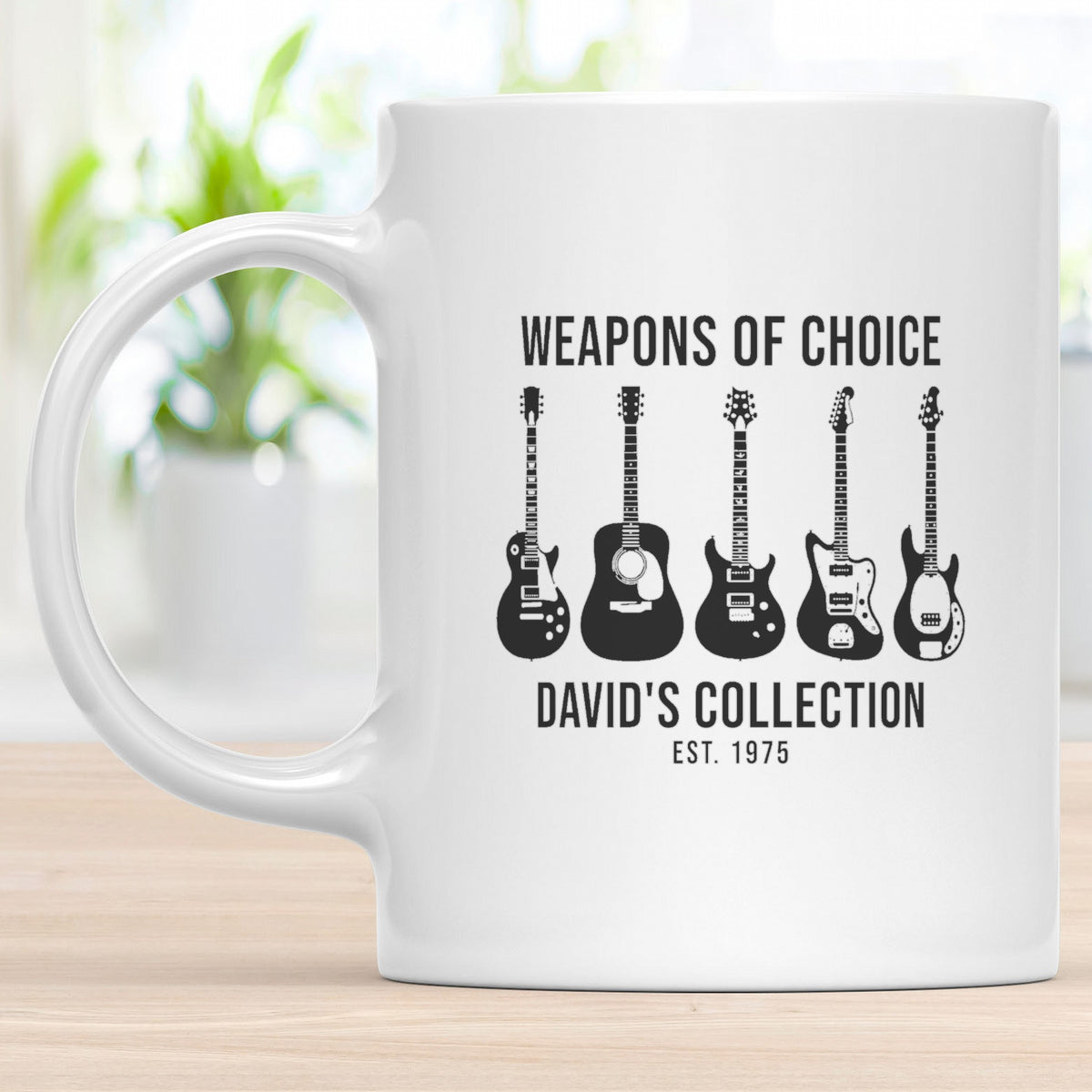 Custom Music Mug – Same Design as Your Shirt - White mug on a wood table with a personalized music design