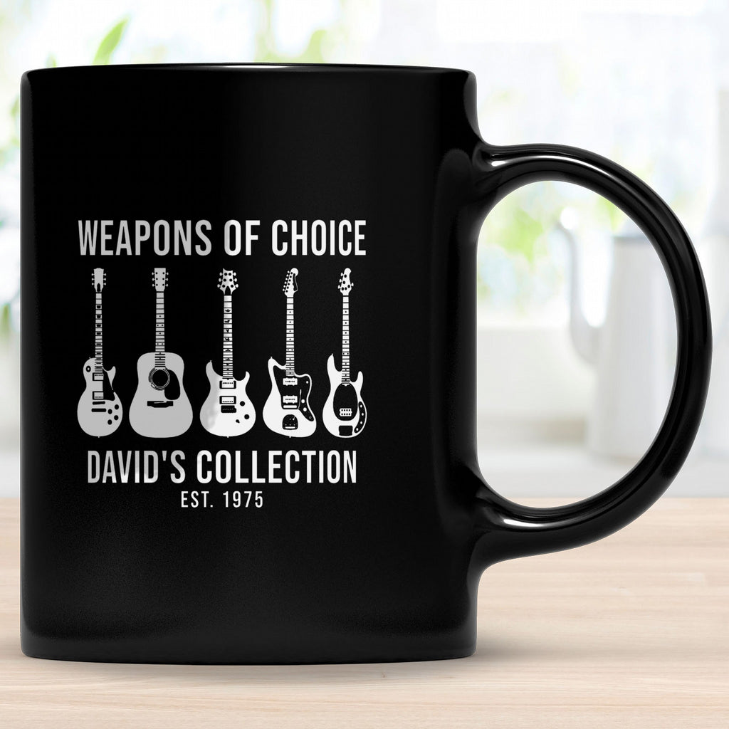 Custom Music Mug – Same Design as Your Shirt - Black mug on a wood table with a personalized music design
