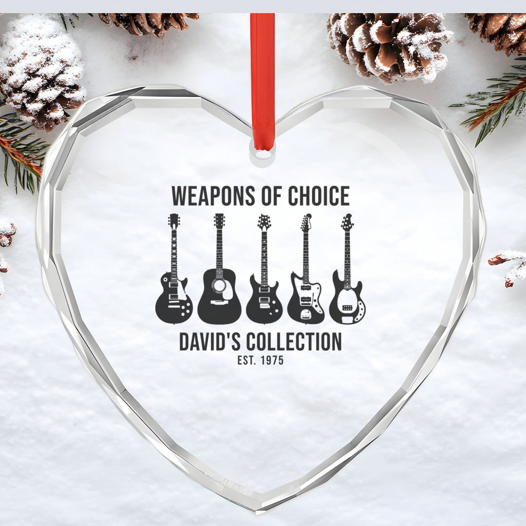 Custom Glass Ornament – Heart or Crystal Circle - Glass heart ornament in snow with a personalized music design