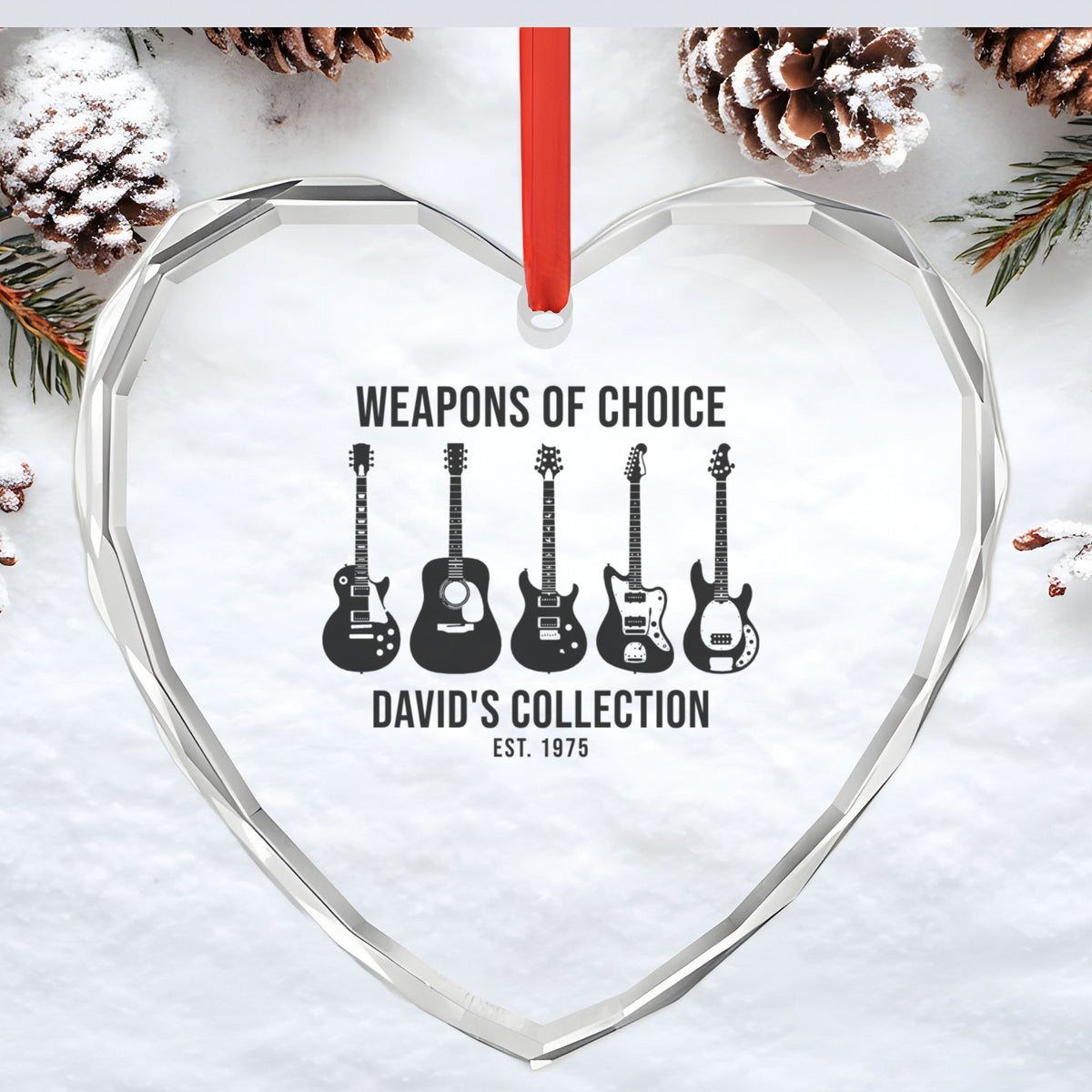 Custom Glass Ornament – Heart or Crystal Circle - Glass heart ornament in snow with a personalized music design
