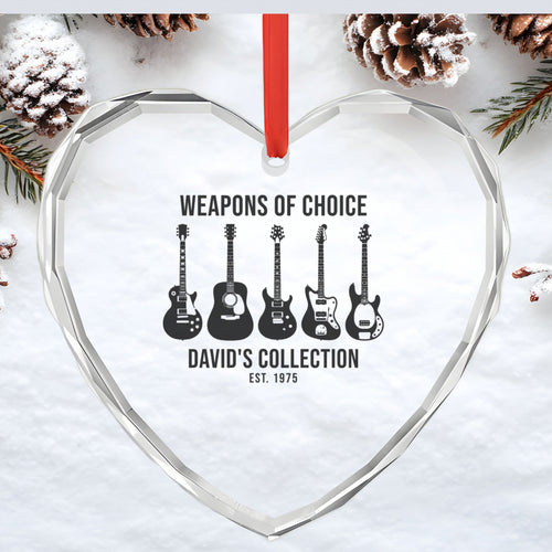 Custom Glass Ornament – Heart or Crystal Circle - Glass heart ornament in snow with a personalized music design