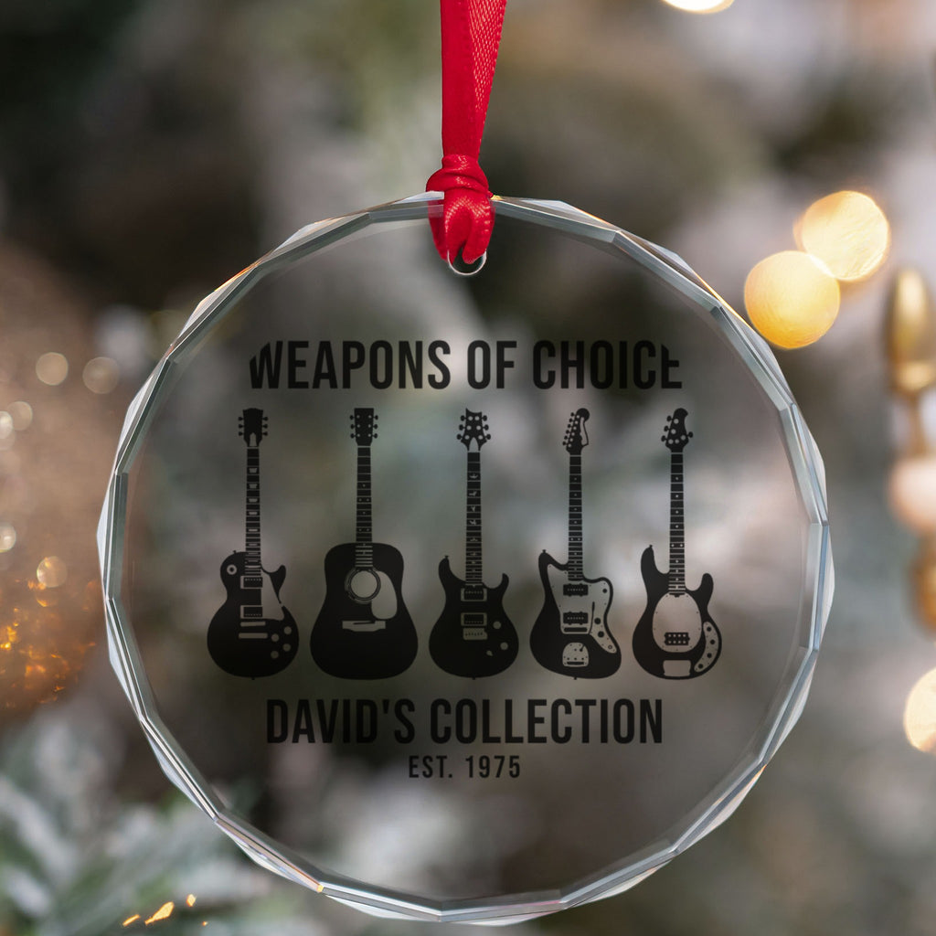 Custom Glass Ornament – Heart or Crystal Circle - Crystal prism ornament on a tree with a personalized music design