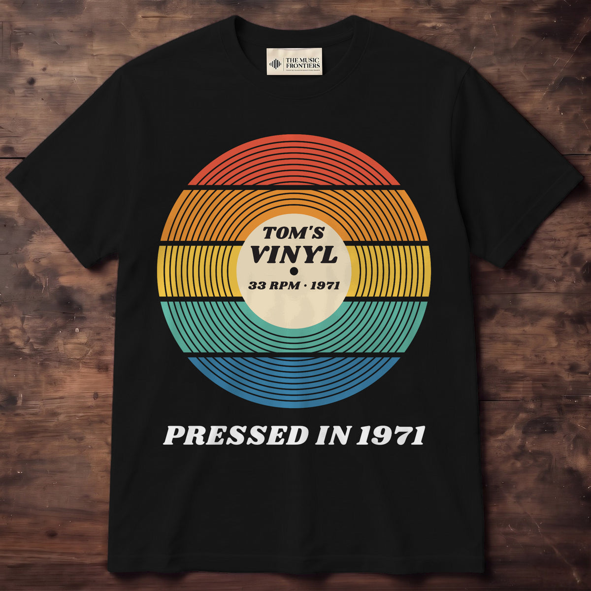 Black t-shirt with the personalized Sunset Vinyl Record , Pressed In Birth Year design