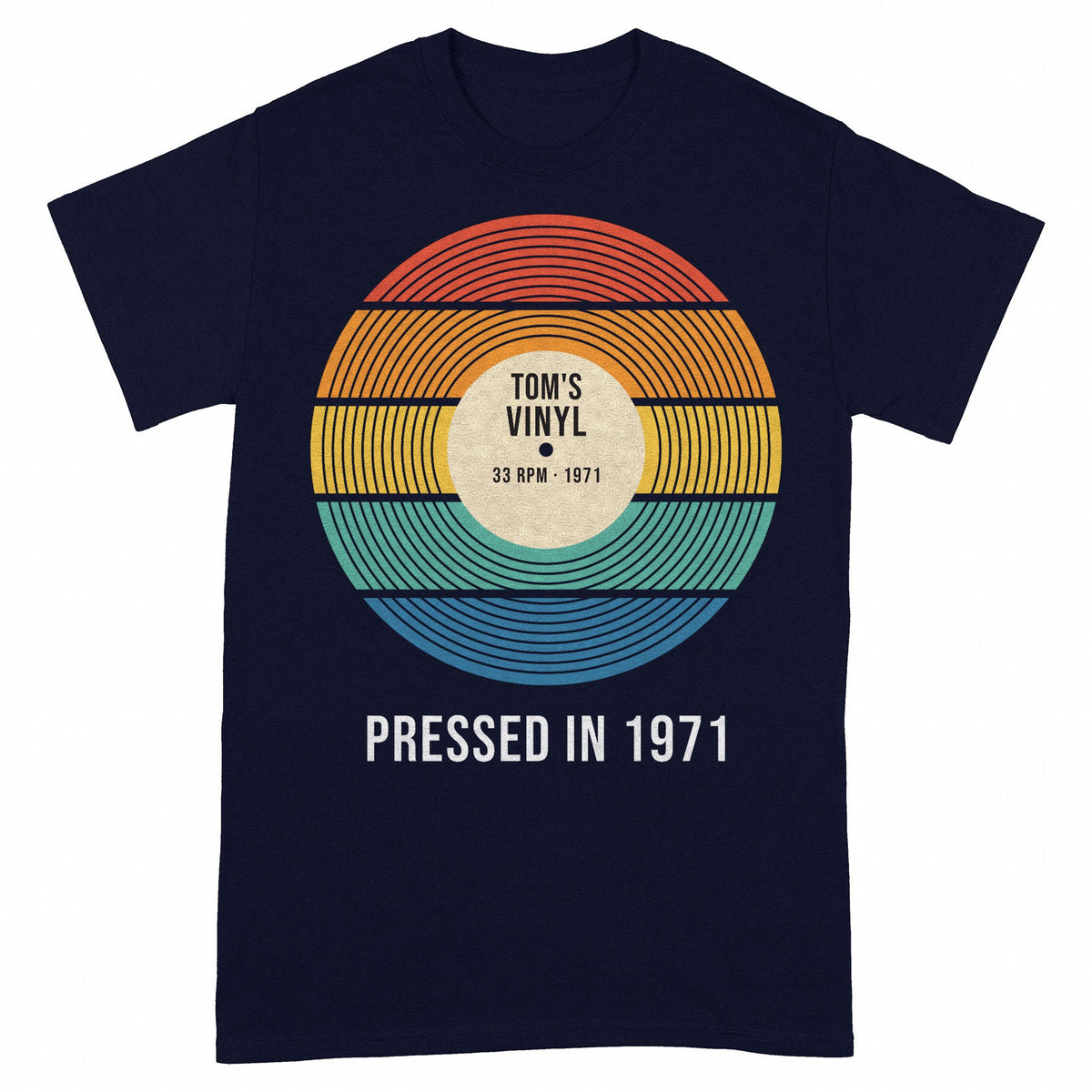 Personalized Sunset Vinyl Record Shirt, Pressed In Birth Year - Navy classic tee, front