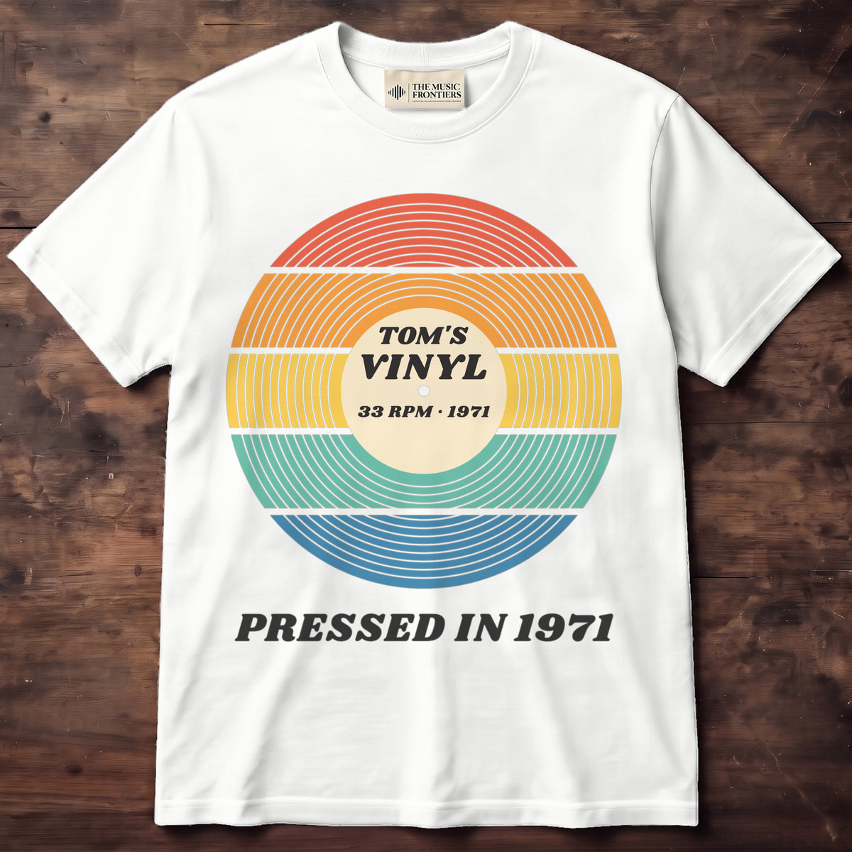 White t-shirt with the personalized Sunset Vinyl Record , Pressed In Birth Year design