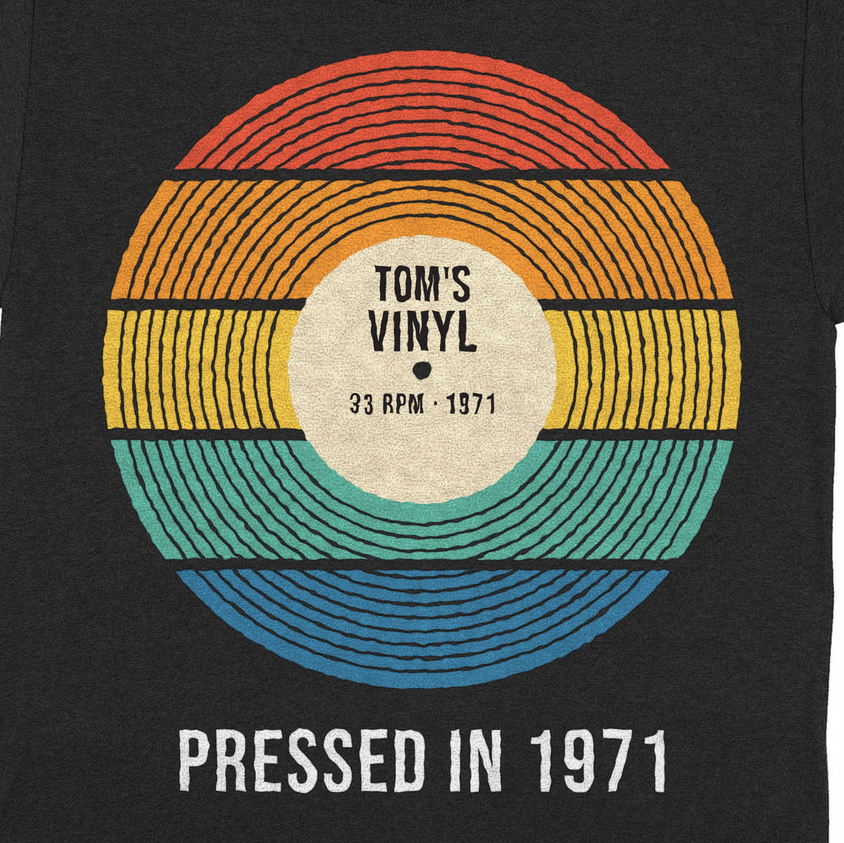 Personalized Sunset Vinyl Record Shirt, Pressed In Birth Year - close-up of the print on the black shirt