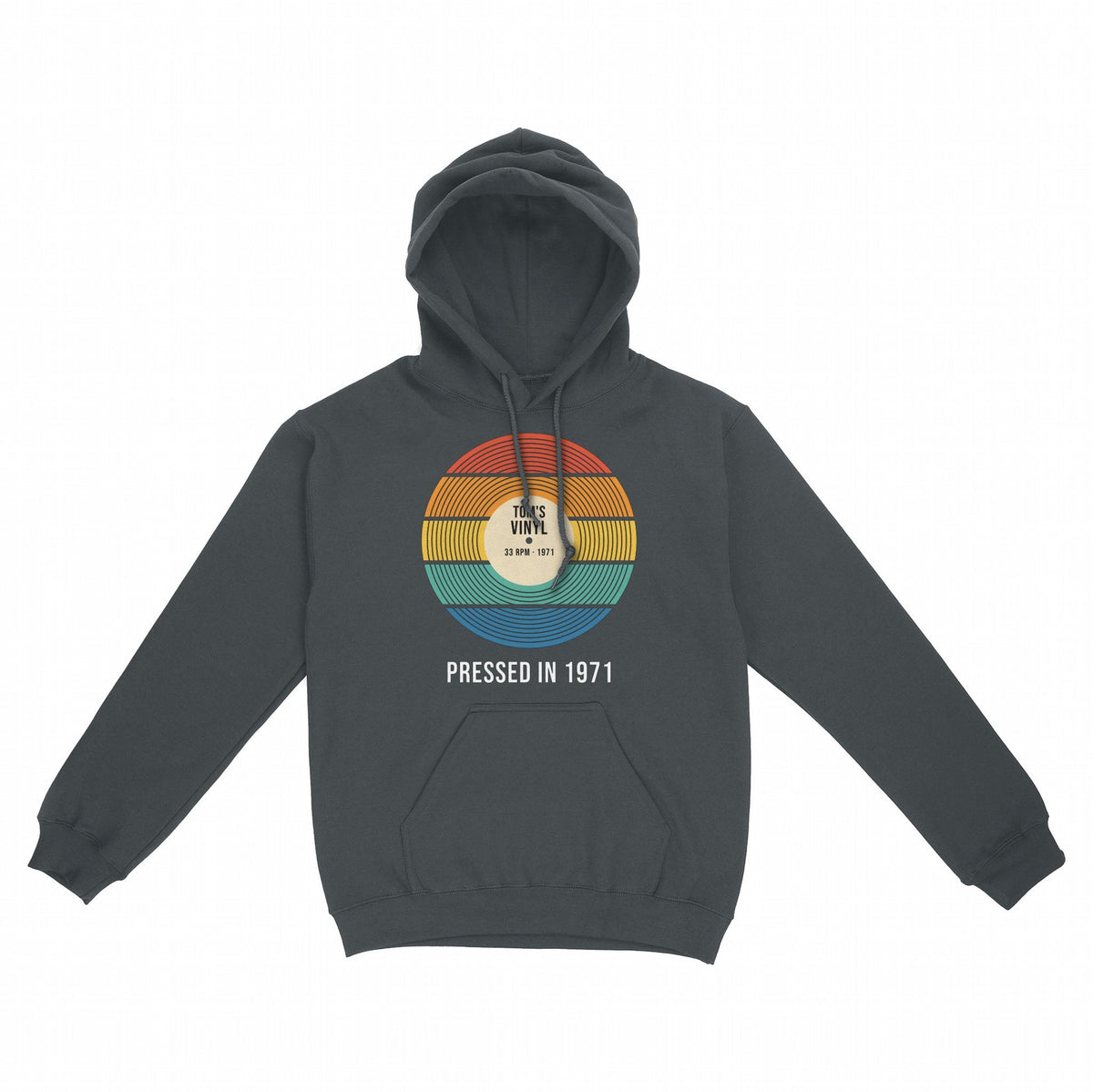 Personalized Sunset Vinyl Record Shirt, Pressed In Birth Year - Charcoal hoodie, front