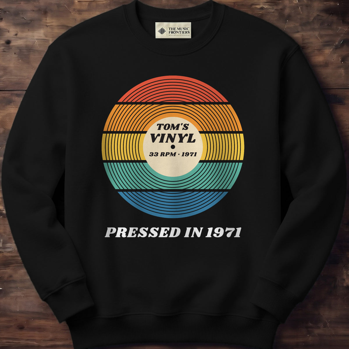 Black sweatshirt with the personalized Sunset Vinyl Record , Pressed In Birth Year design