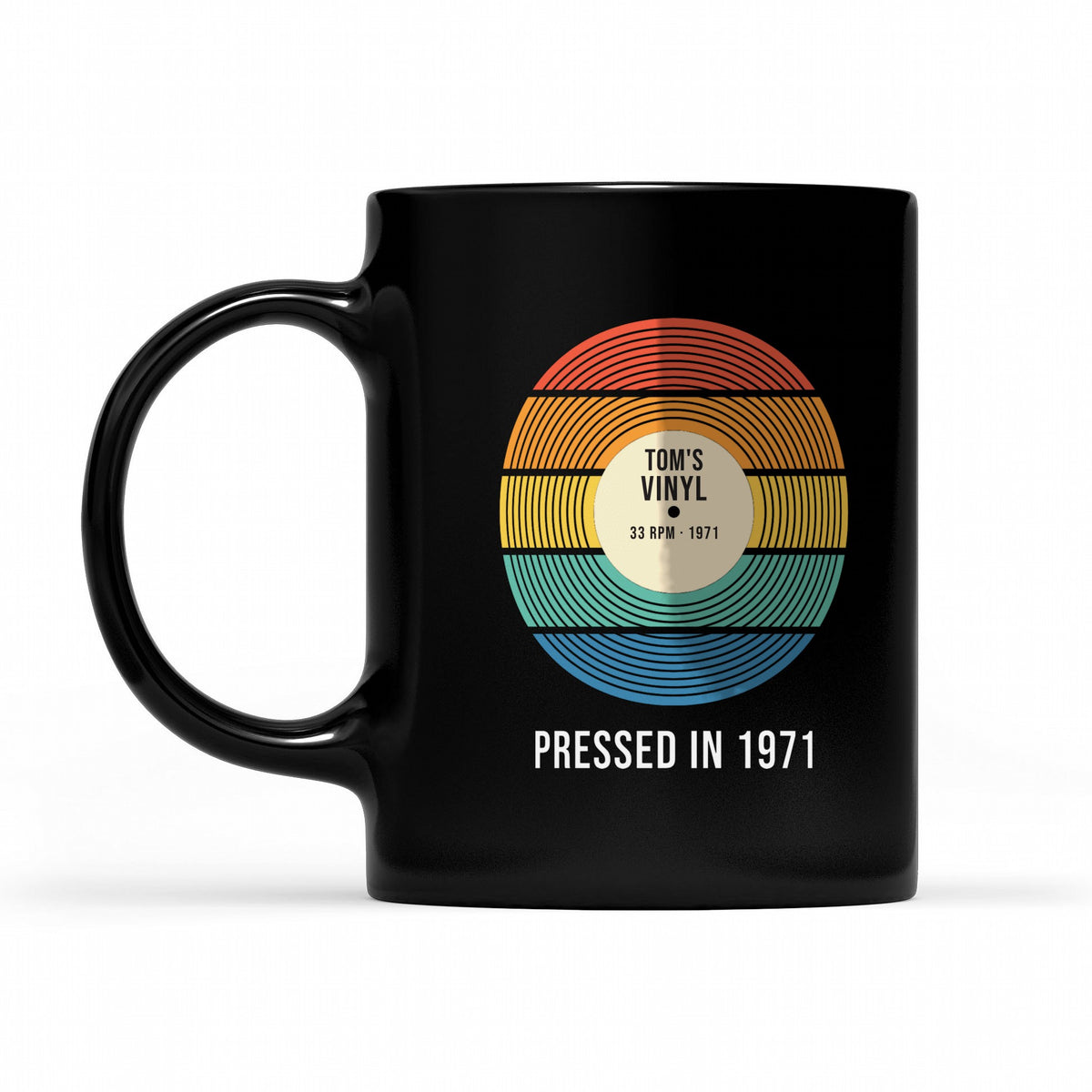 Personalized Sunset Vinyl Record Shirt, Pressed In Birth Year - matching black mug