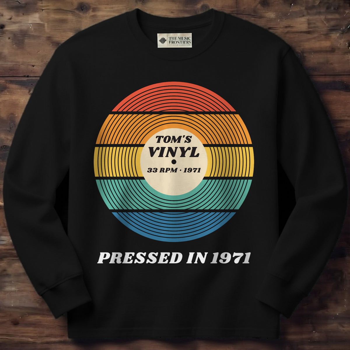Black long sleeve shirt with the personalized Sunset Vinyl Record , Pressed In Birth Year design