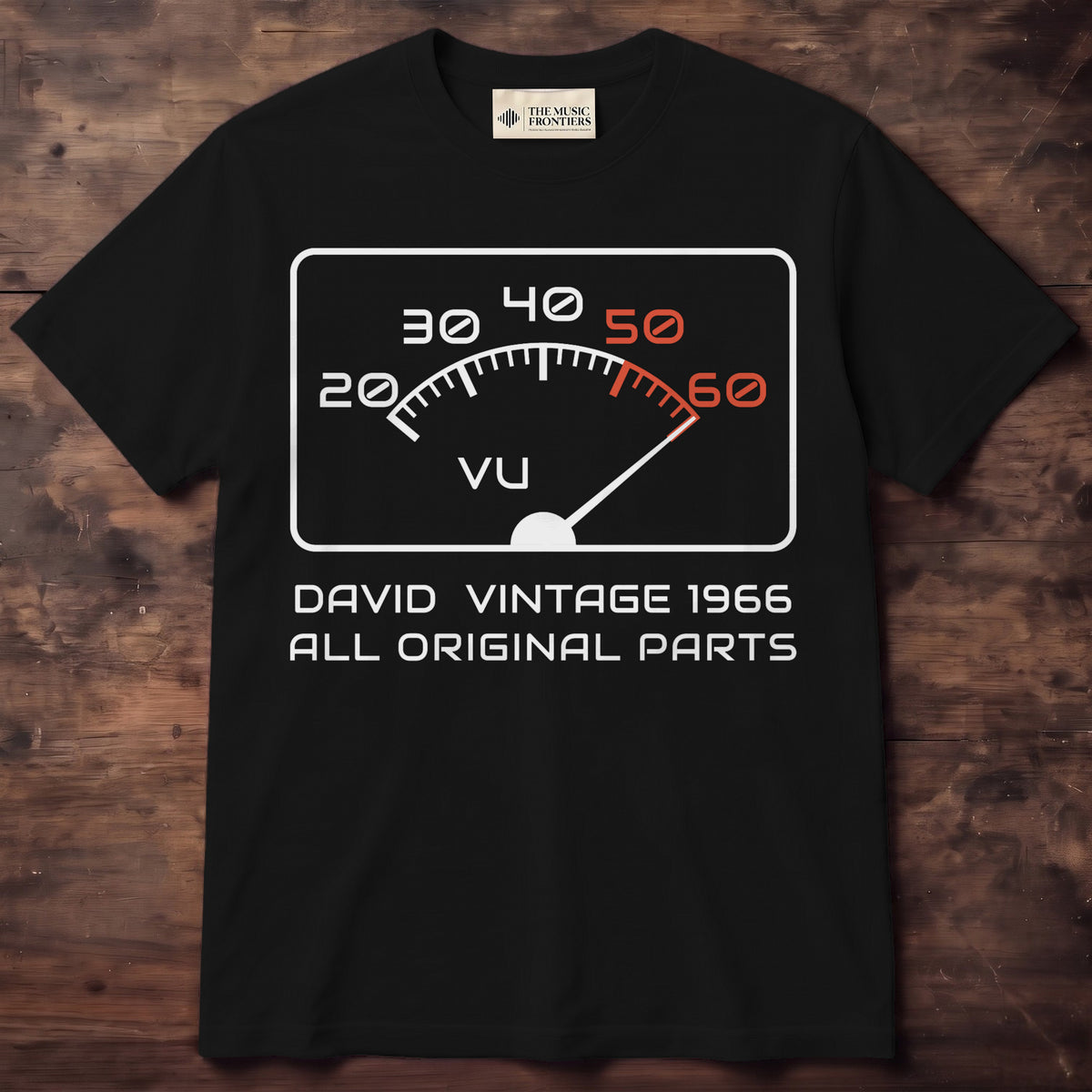 Black t-shirt with the personalized Vintage VU Meter Age Birthday design