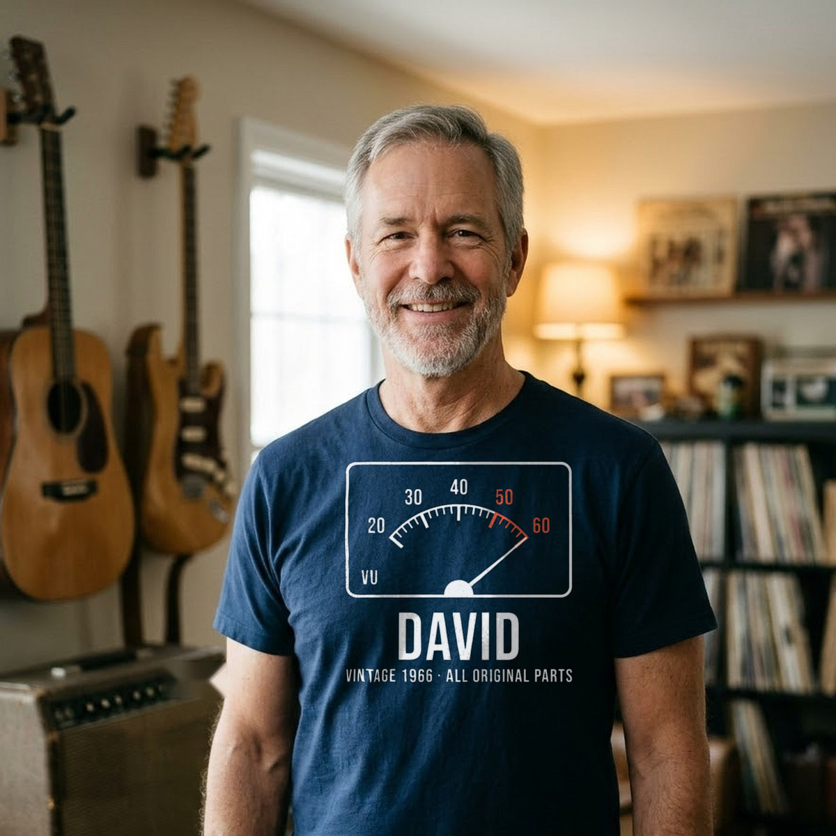 Vintage VU Meter Age Personalized Birthday Shirt - man wearing the navy T-shirt
