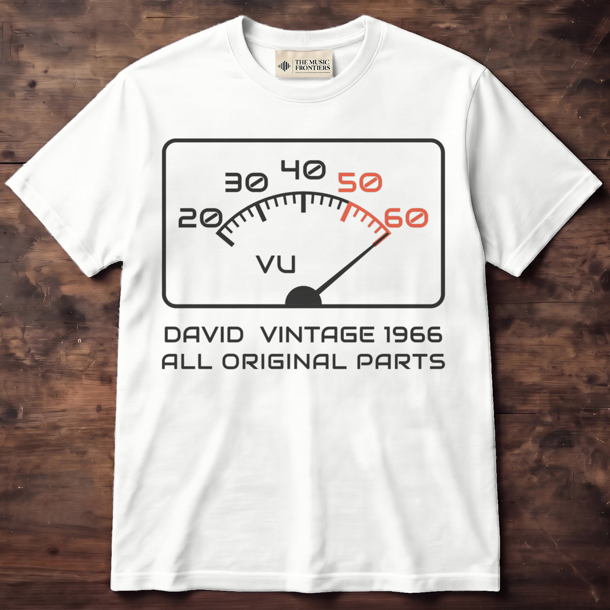 White t-shirt with the personalized Vintage VU Meter Age Birthday design