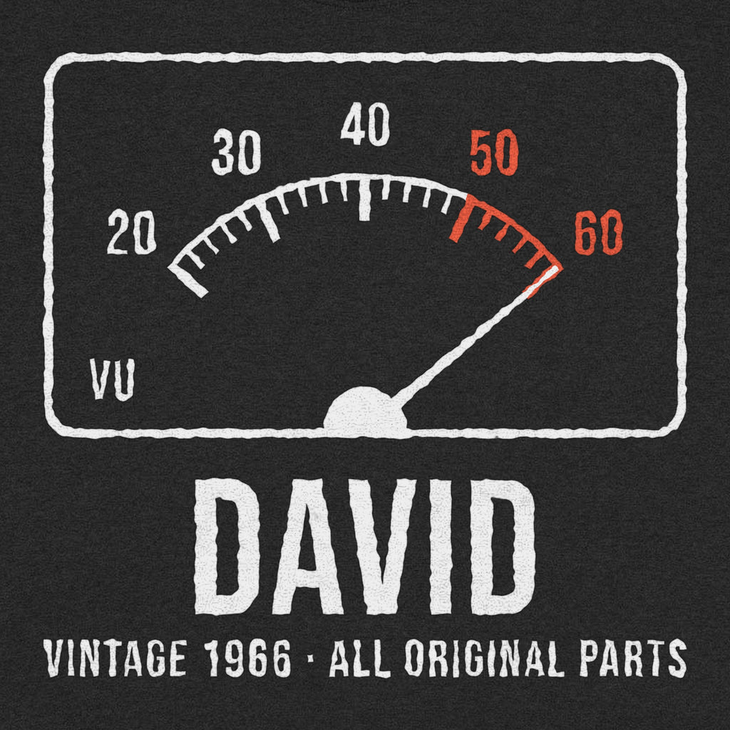 Vintage VU Meter Age Personalized Birthday Shirt - Close-up of the print on the black shirt