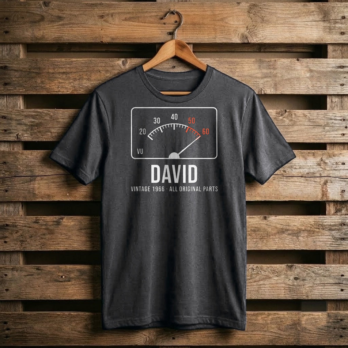 Vintage VU Meter Age Personalized Birthday Shirt - charcoal T-shirt on a hanger
