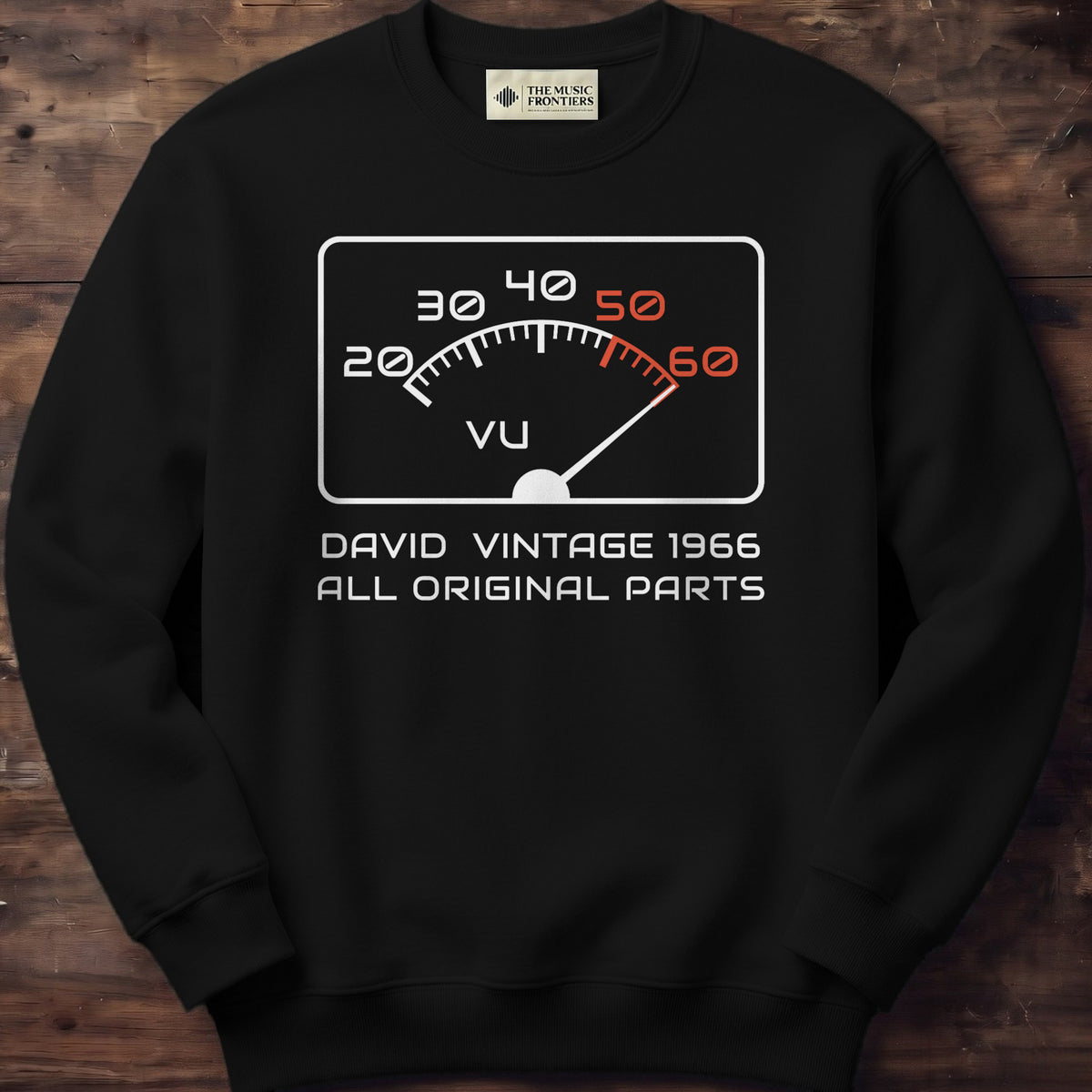 Black sweatshirt with the personalized Vintage VU Meter Age Birthday design