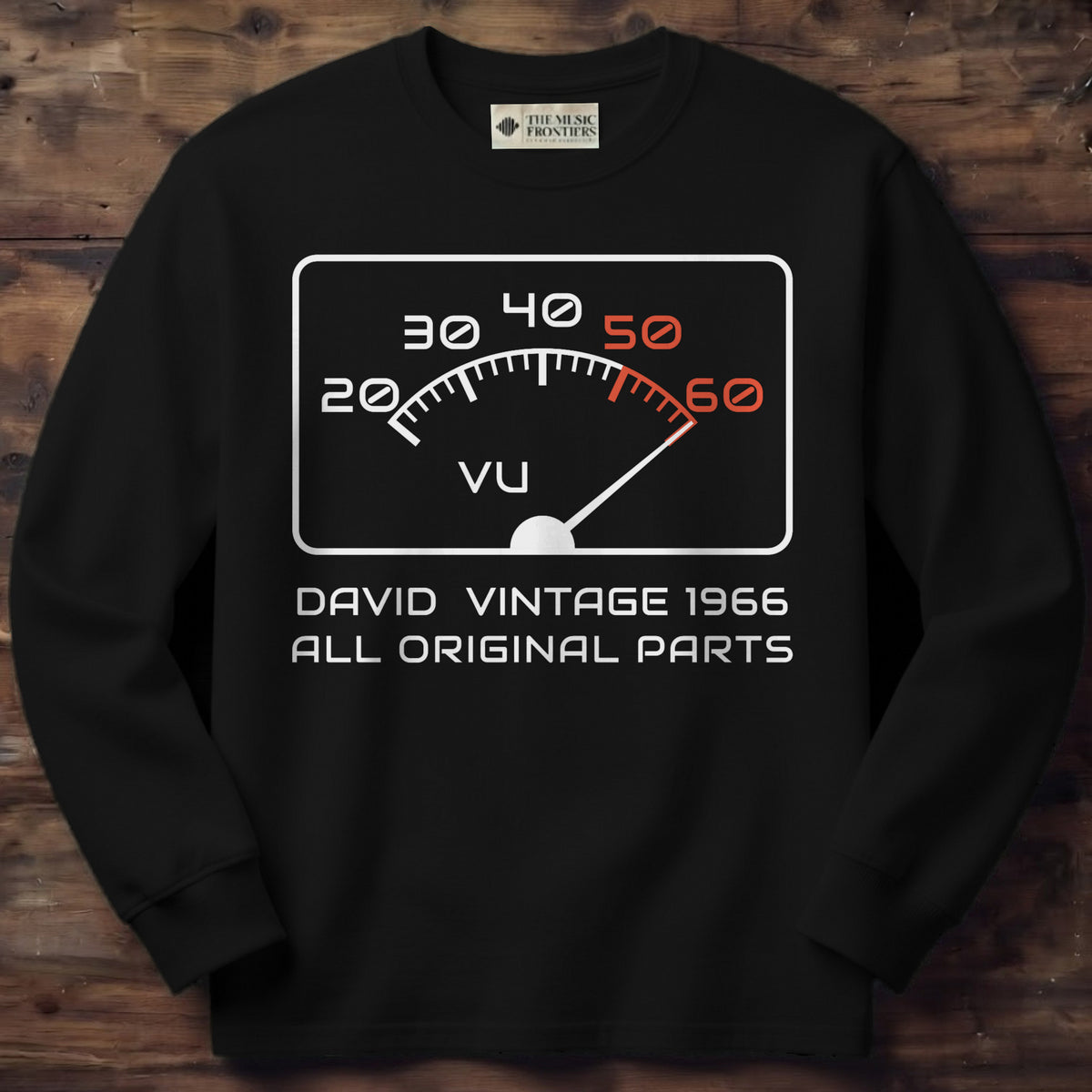 Black long sleeve shirt with the personalized Vintage VU Meter Age Birthday design