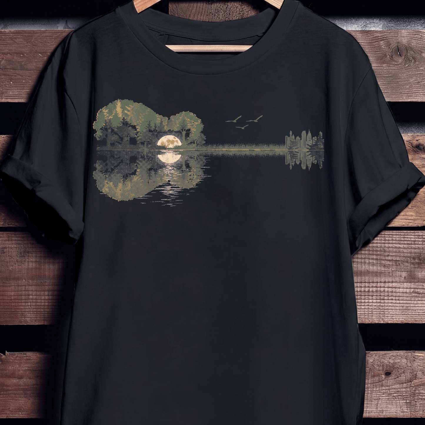Vintage Acoustic Guitar Forest and Moon Reflection T-Shirt - The Music Frontiers