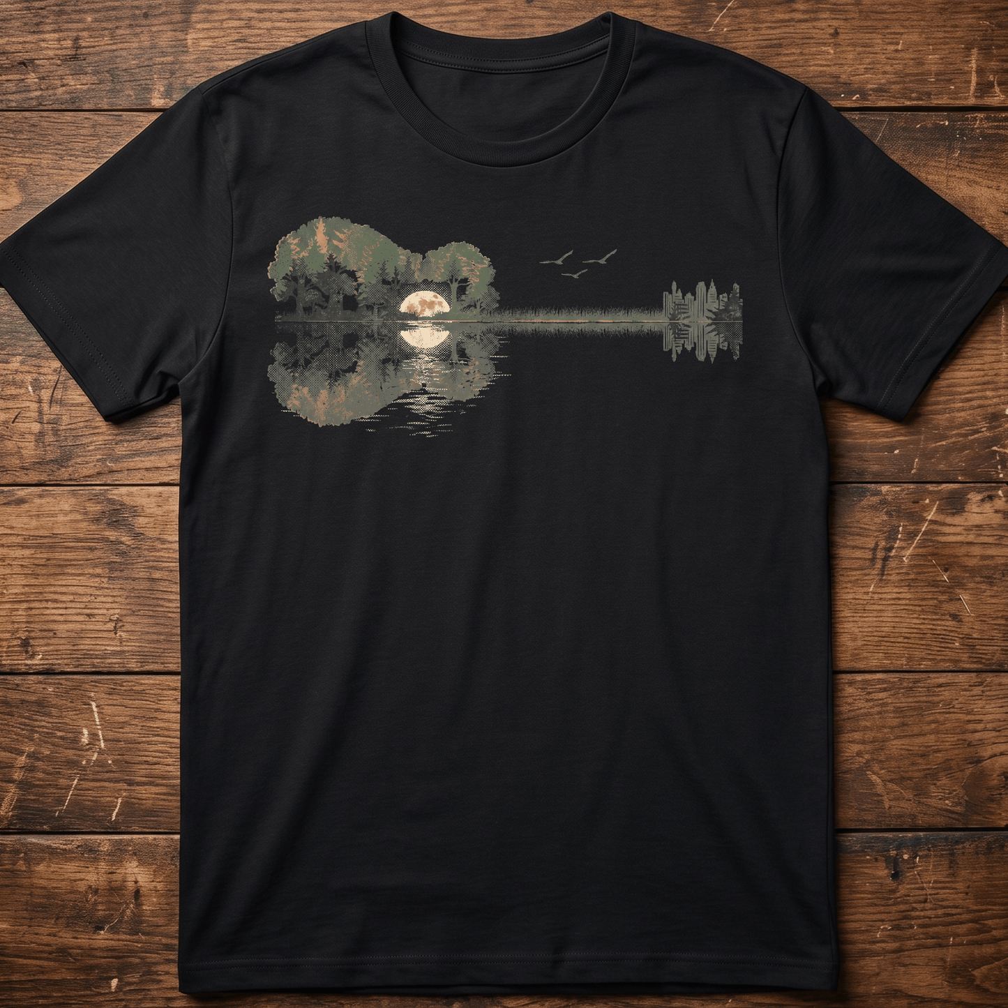Vintage Acoustic Guitar Forest and Moon Reflection T-Shirt - The Music Frontiers