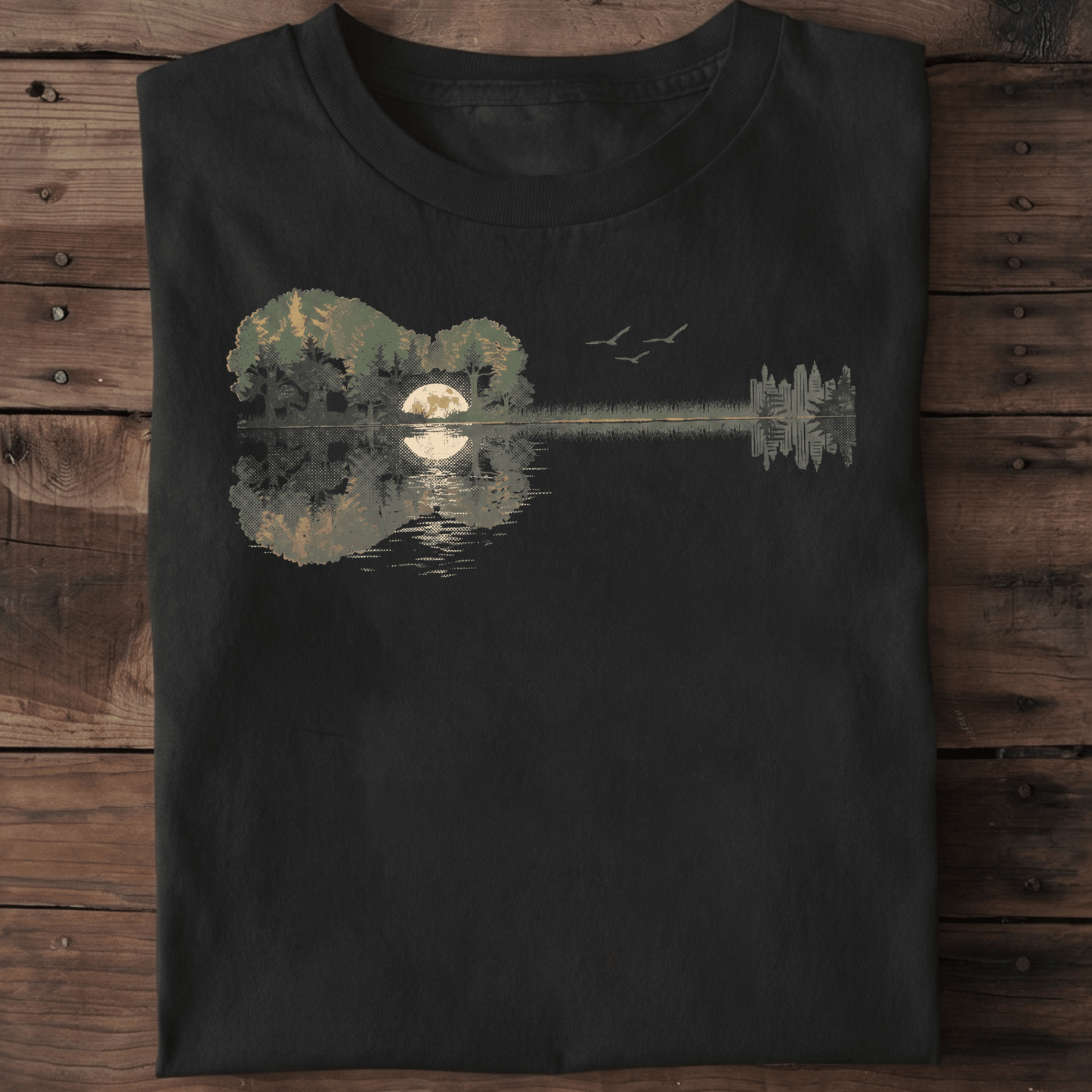 Vintage Acoustic Guitar Forest and Moon Reflection T-Shirt - The Music Frontiers