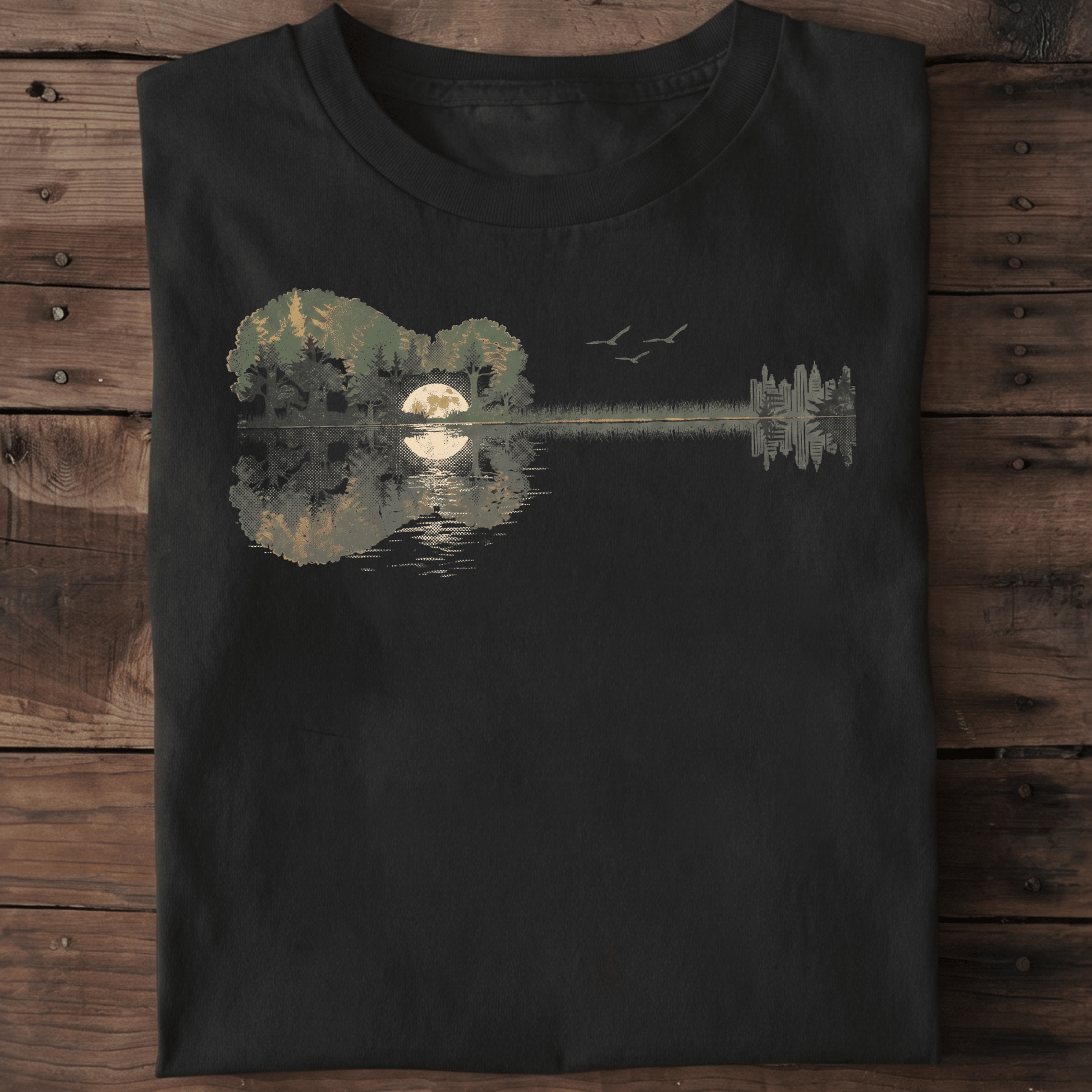 Vintage Acoustic Guitar Forest and Moon Reflection T-Shirt - The Music Frontiers