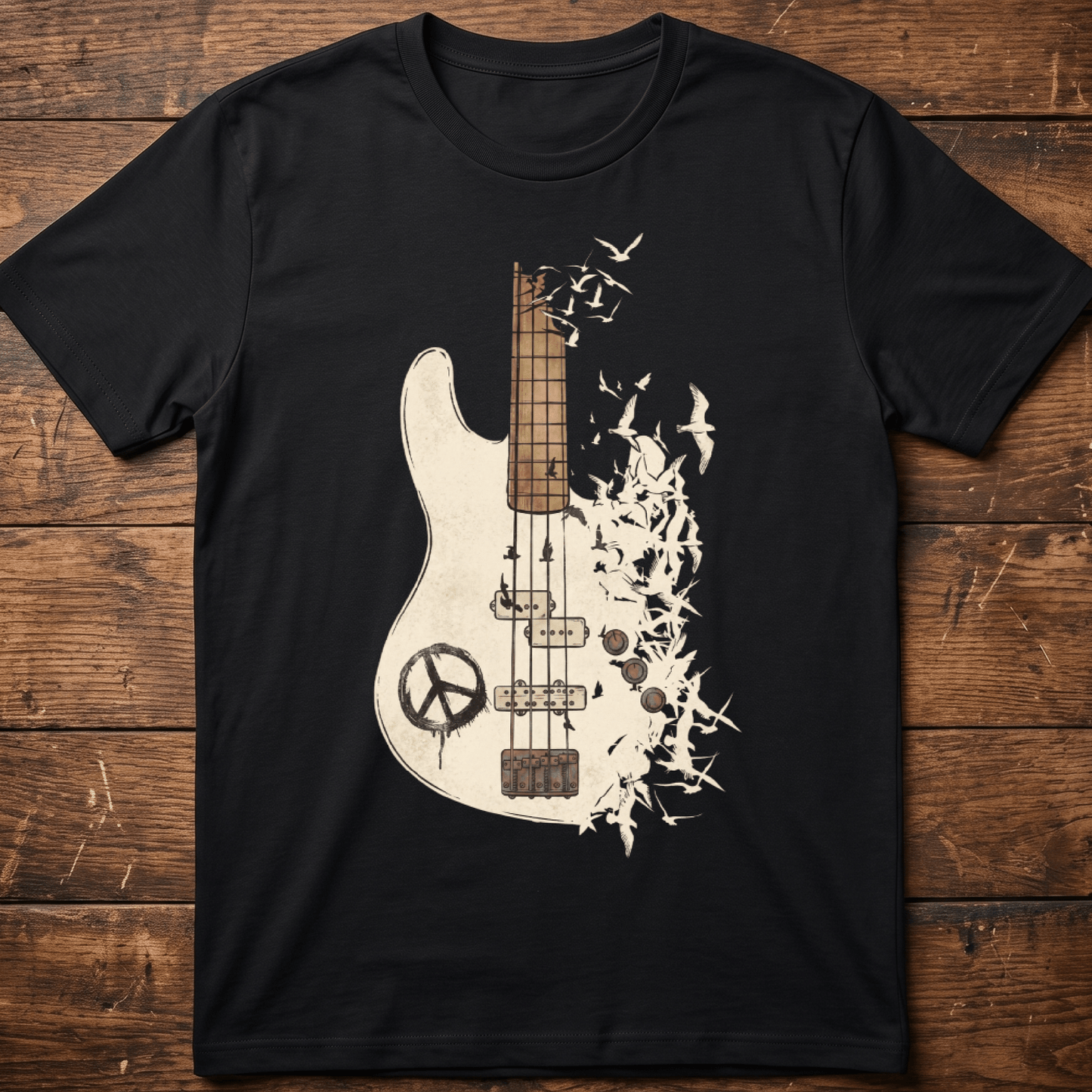 Bass Guitar Peace Birds Tee - The Music Frontiers