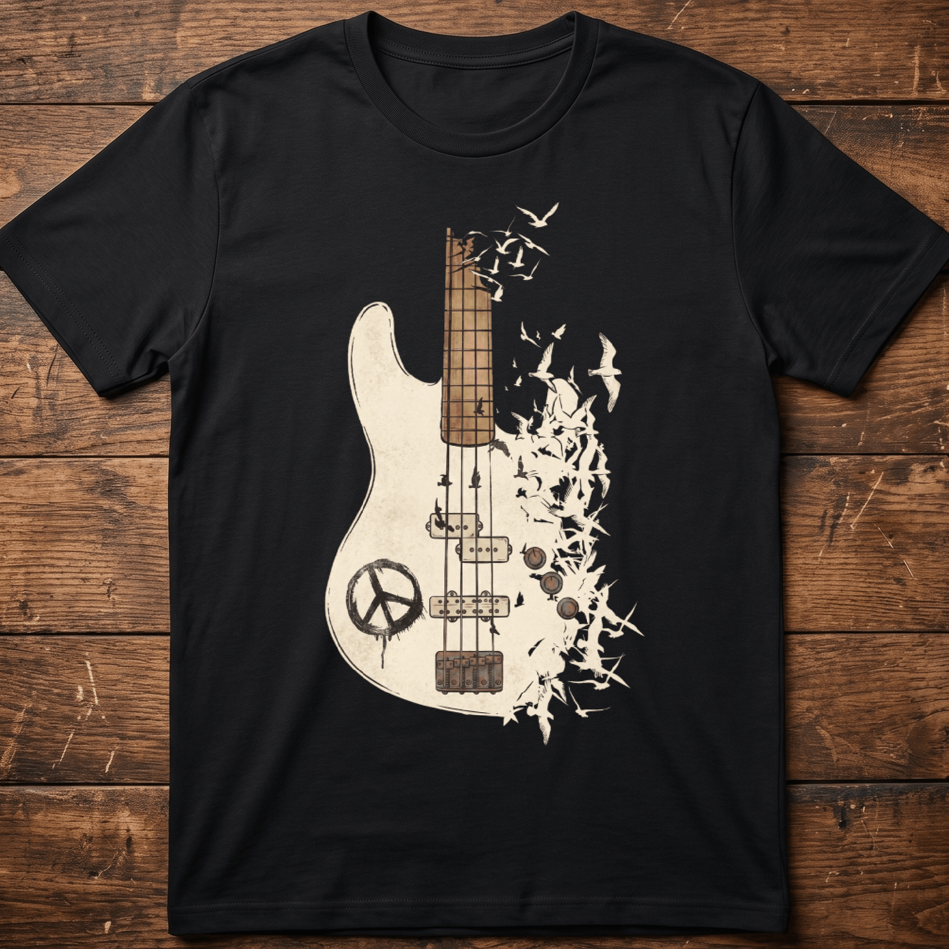 Bass Guitar Peace Birds Tee - The Music Frontiers