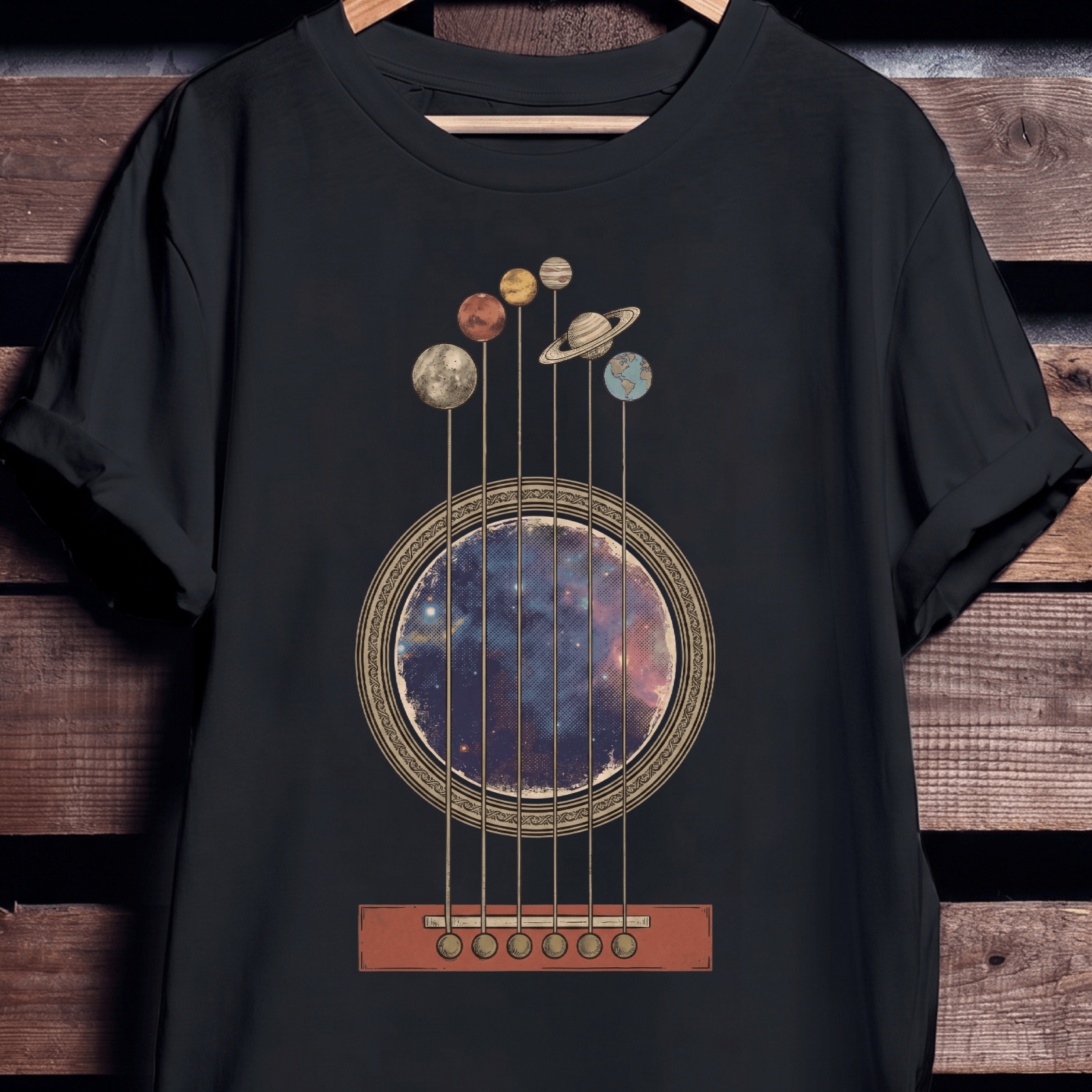 Vintage Celestial Solar System Guitar Universe T-Shirt - The Music Frontiers