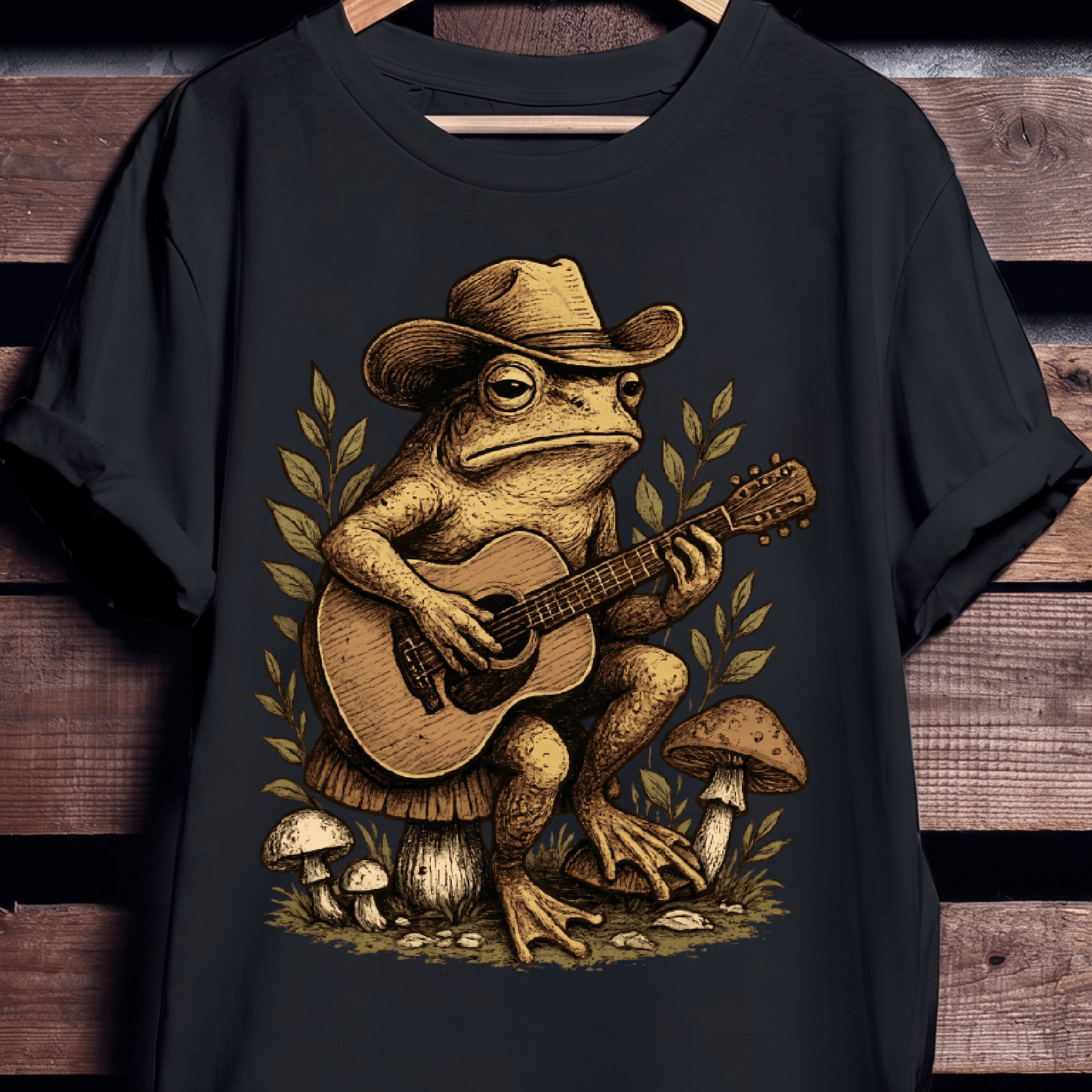 Vintage Cowboy Frog Playing Guitar on Mushroom T-Shirt - The Music Frontiers
