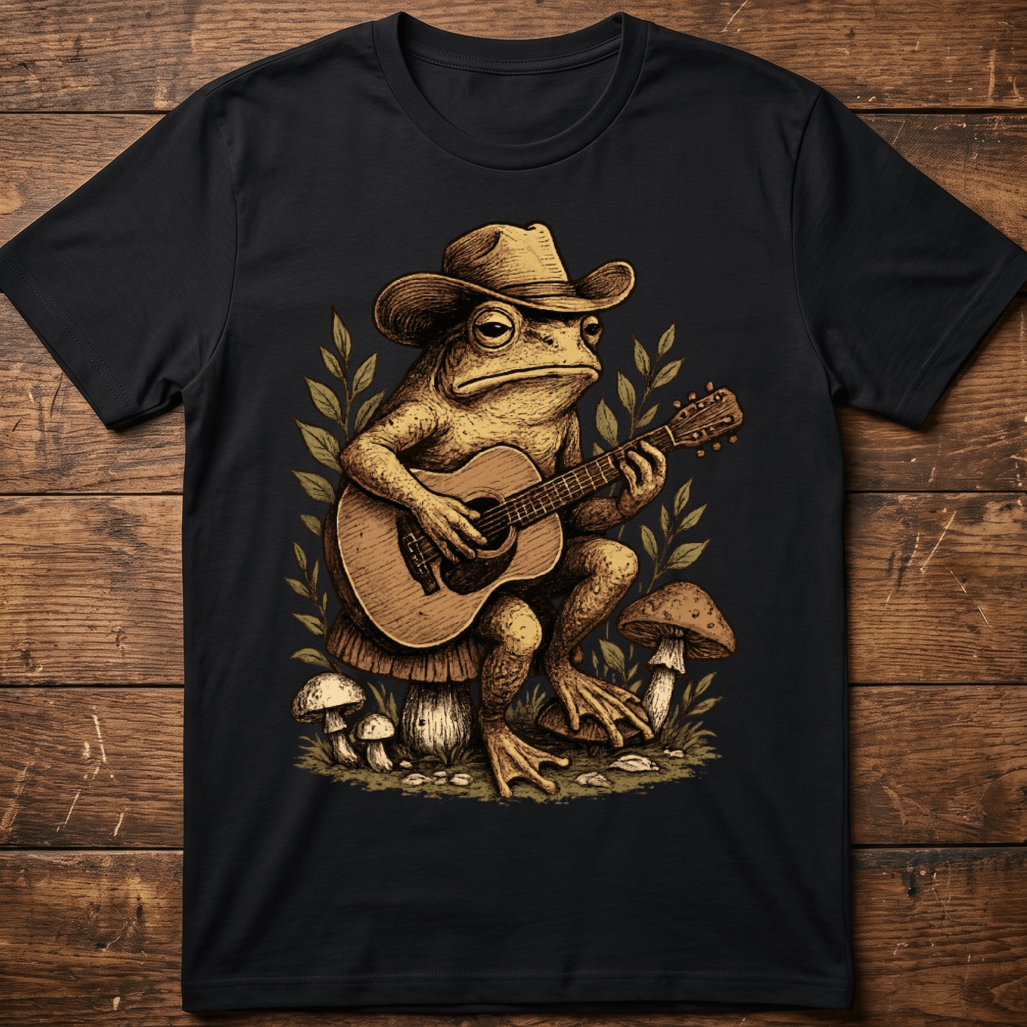 Vintage Cowboy Frog Playing Guitar on Mushroom T-Shirt - The Music Frontiers