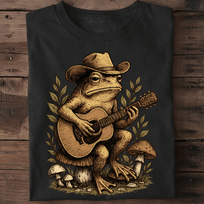 Vintage Cowboy Frog Playing Guitar on Mushroom T-Shirt - The Music Frontiers
