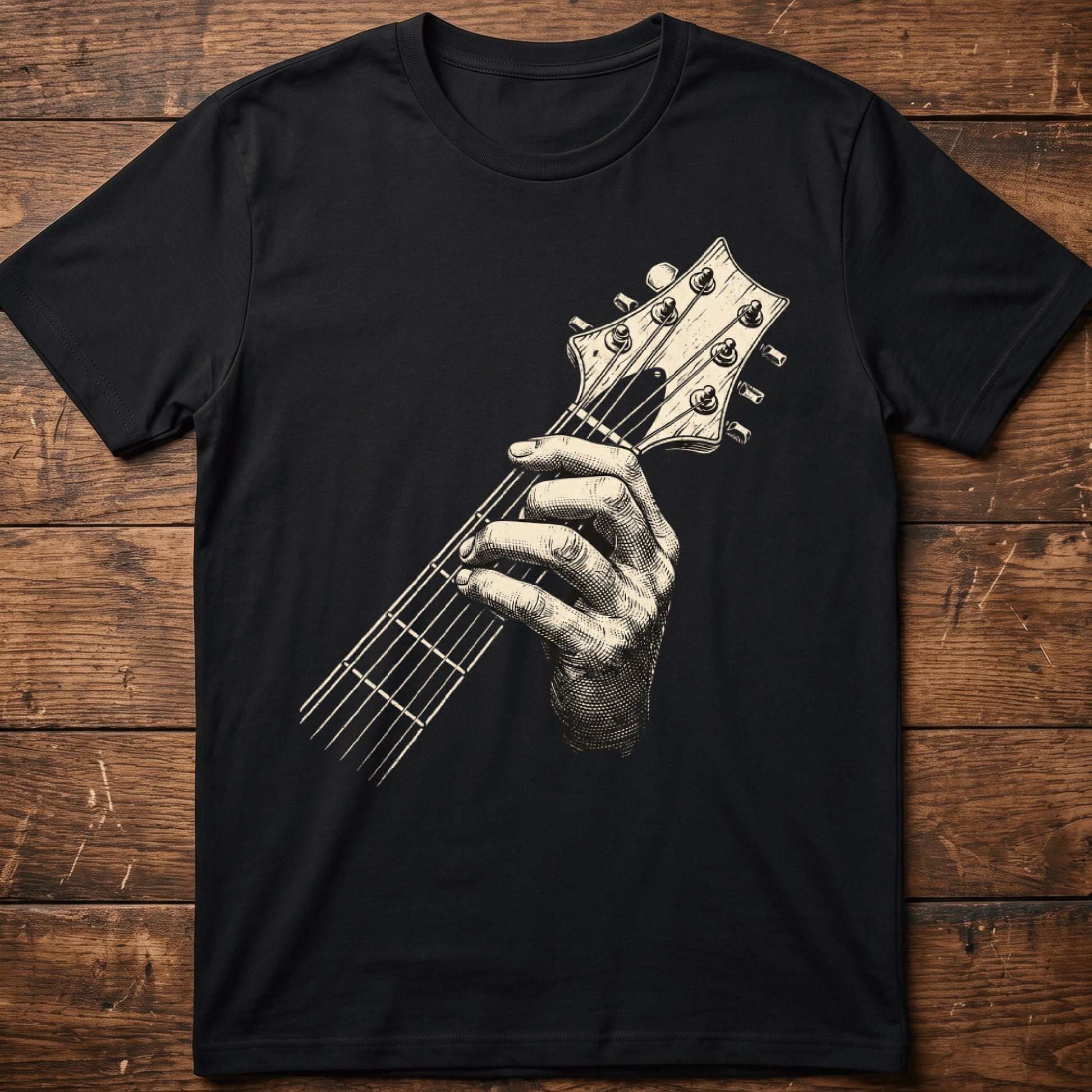 Vintage Etching Style Guitar Headstock and Hand T-Shirt - The Music Frontiers