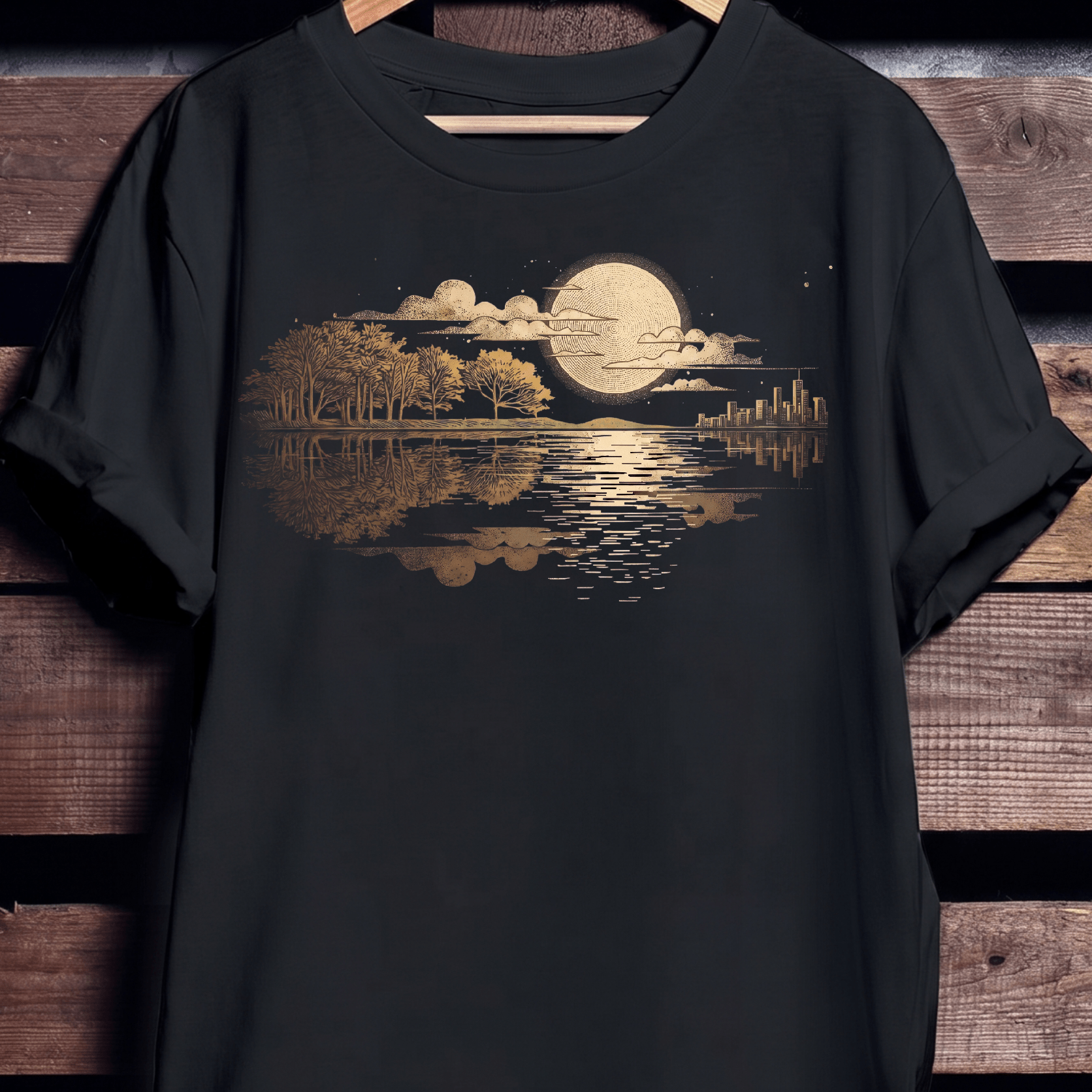 Vintage Full Moon Lake Reflection T-Shirt - The Music Frontiers