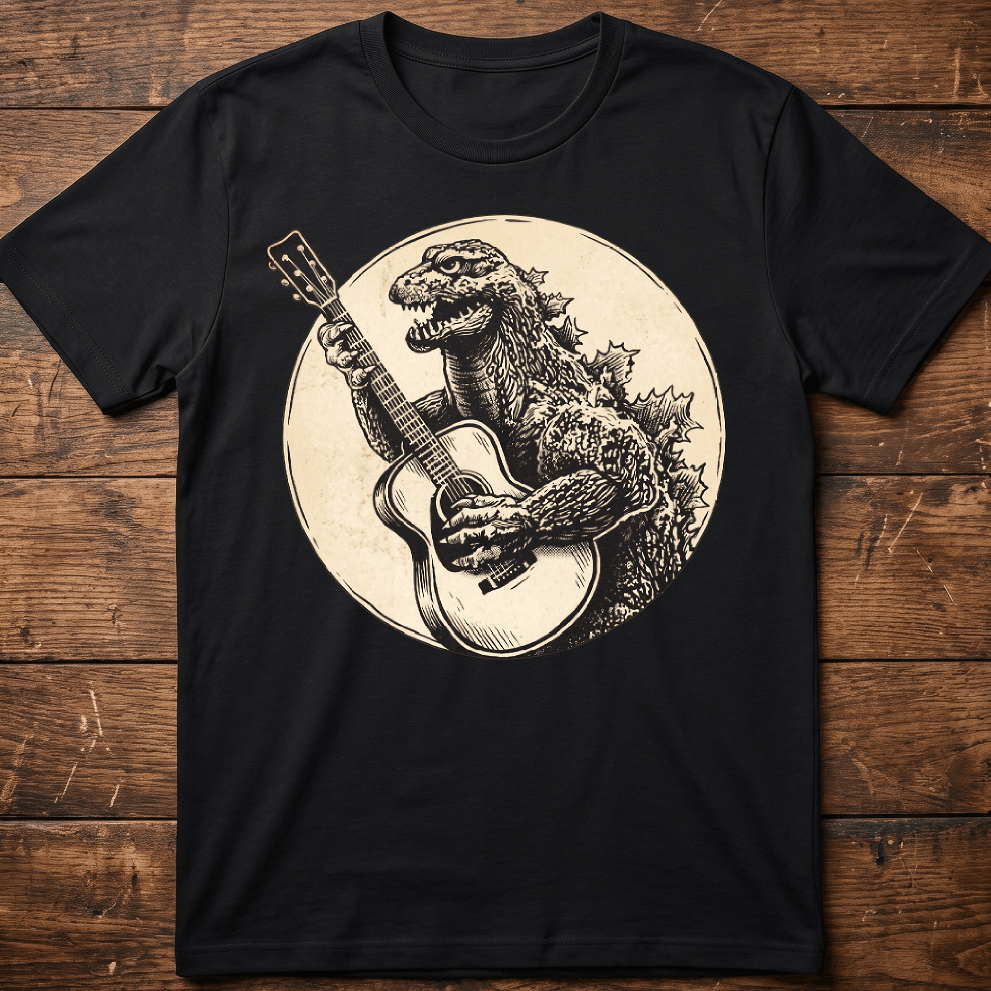 Vintage Godzilla Kaiju Playing Acoustic Guitar T-Shirt - The Music Frontiers