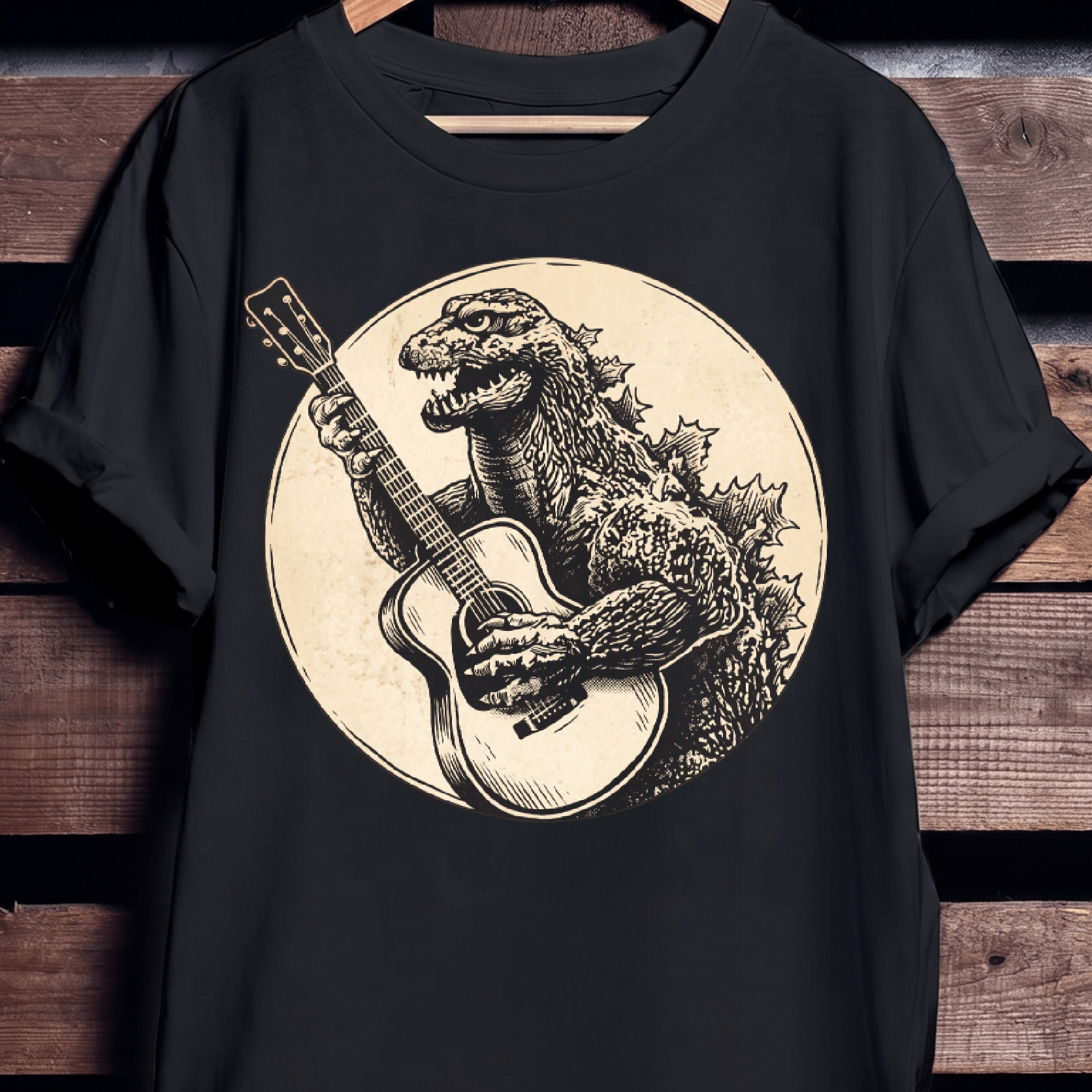 Vintage Godzilla Kaiju Playing Acoustic Guitar T-Shirt - The Music Frontiers