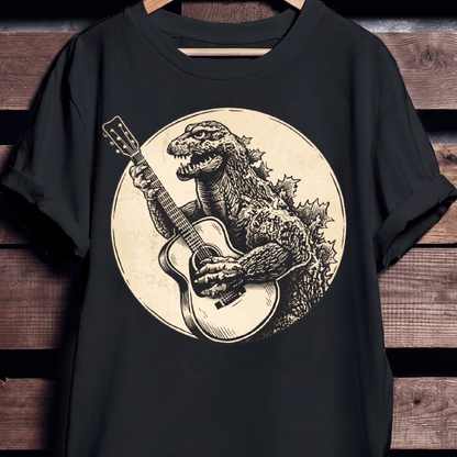 Vintage Godzilla Kaiju Playing Acoustic Guitar T-Shirt - The Music Frontiers