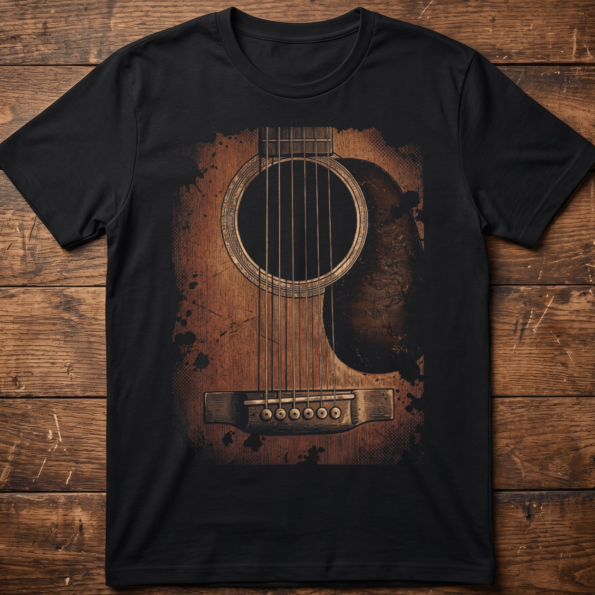 Vintage Grunge Acoustic Guitar Ink Splatter T-Shirt - The Music Frontiers