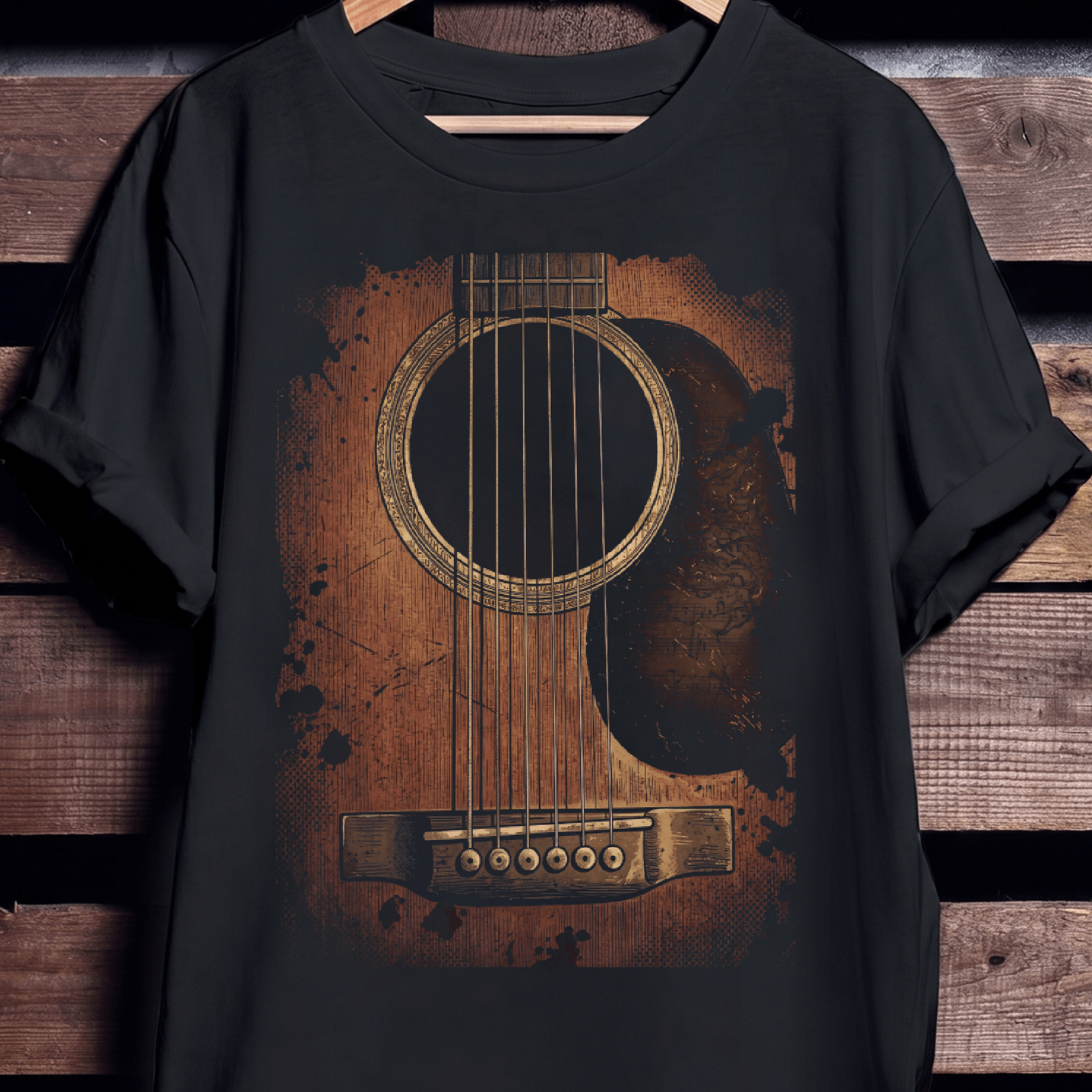 Vintage Grunge Acoustic Guitar Ink Splatter T-Shirt - The Music Frontiers