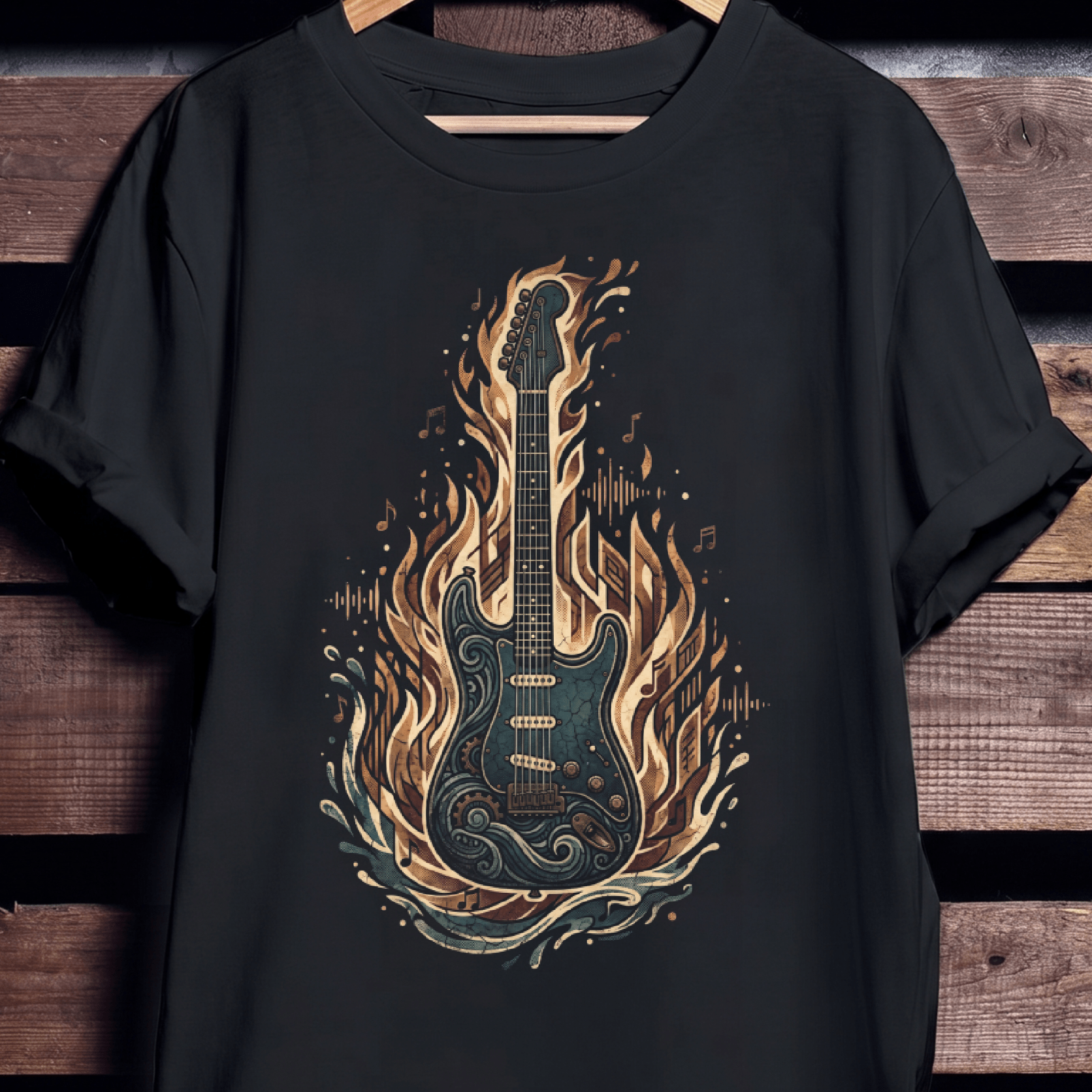 Vintage Guitarist Fire & Water T-shirt - Retro Music Lover Gift Tee - The Music Frontiers