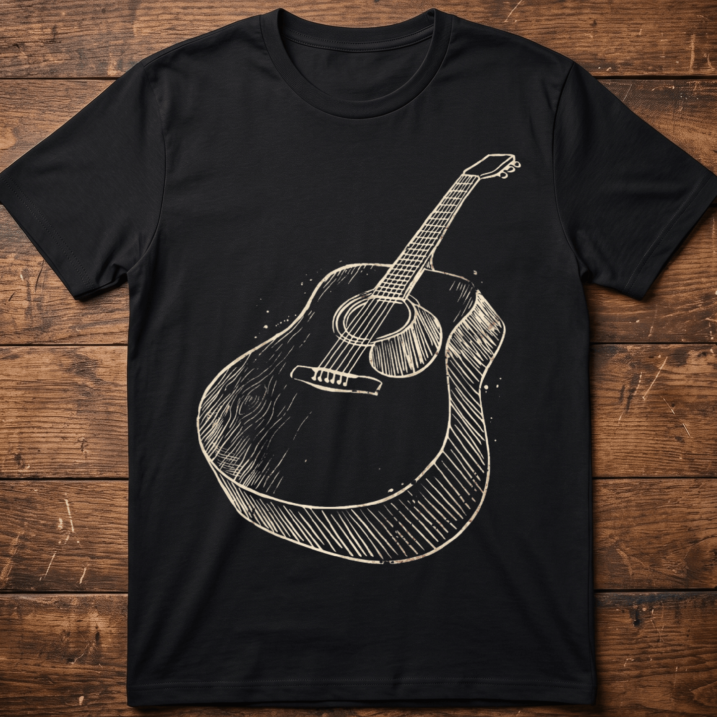 Vintage Hand - Drawn Acoustic Guitar Sketch T-Shirt - The Music Frontiers