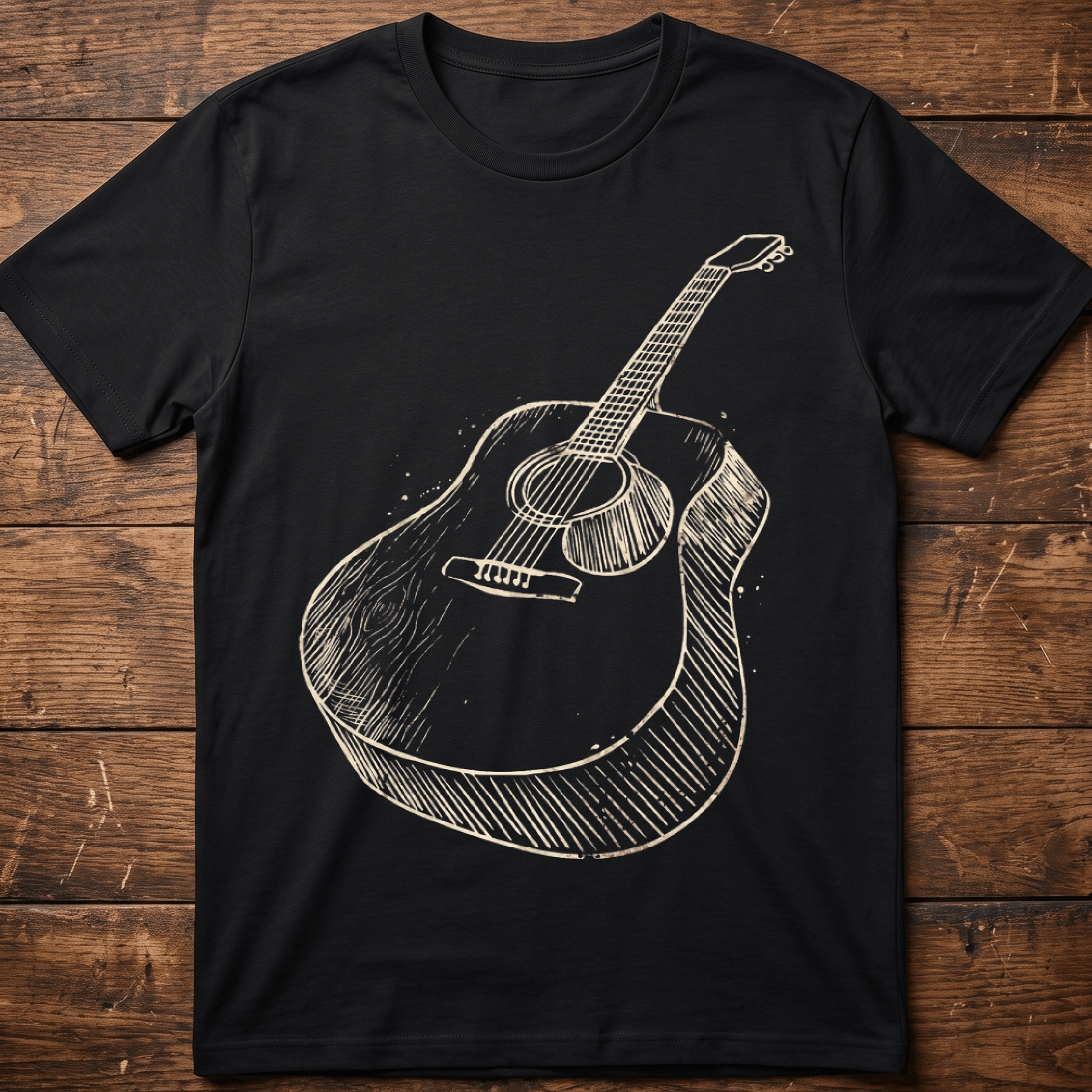 Vintage Hand - Drawn Acoustic Guitar Sketch T-Shirt - The Music Frontiers