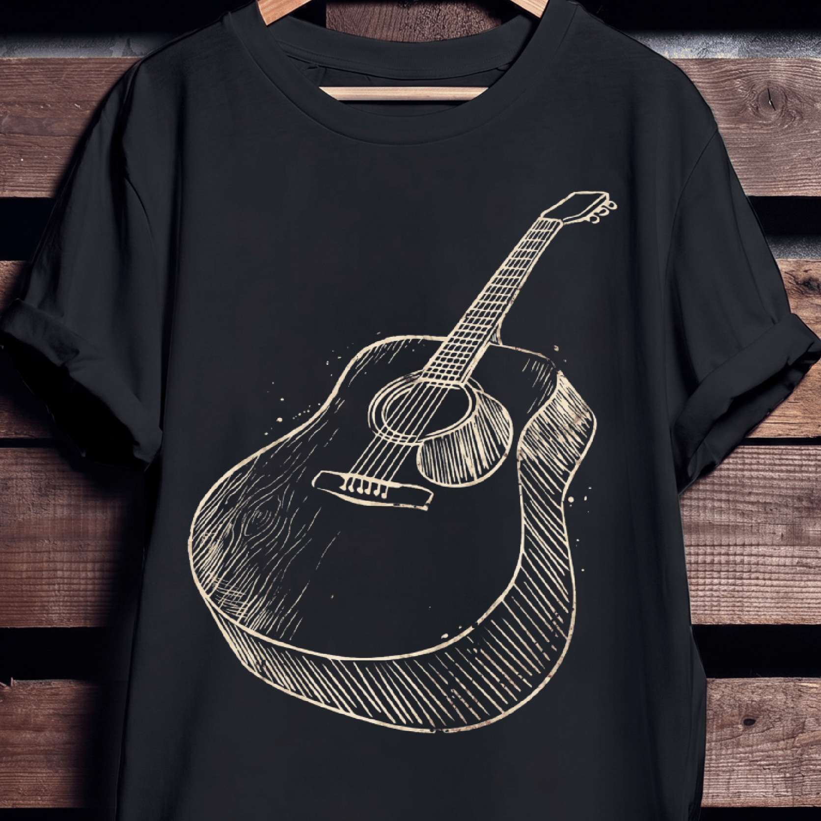 Vintage Hand - Drawn Acoustic Guitar Sketch T-Shirt - The Music Frontiers